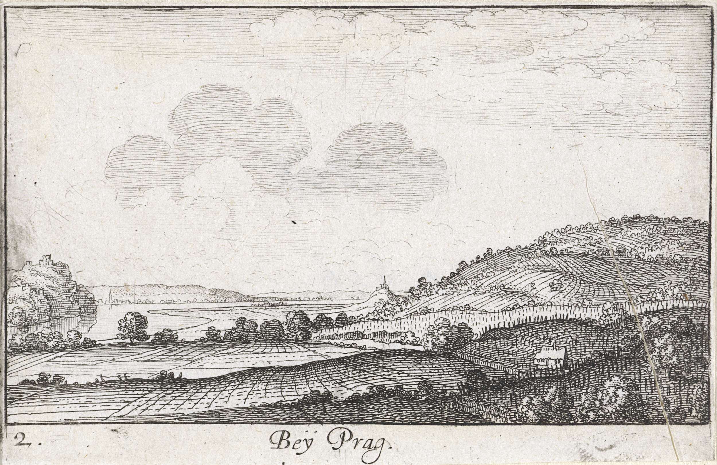Etching by Wenceslaus Hollar depicting a serene landscape with hills and wildflowers