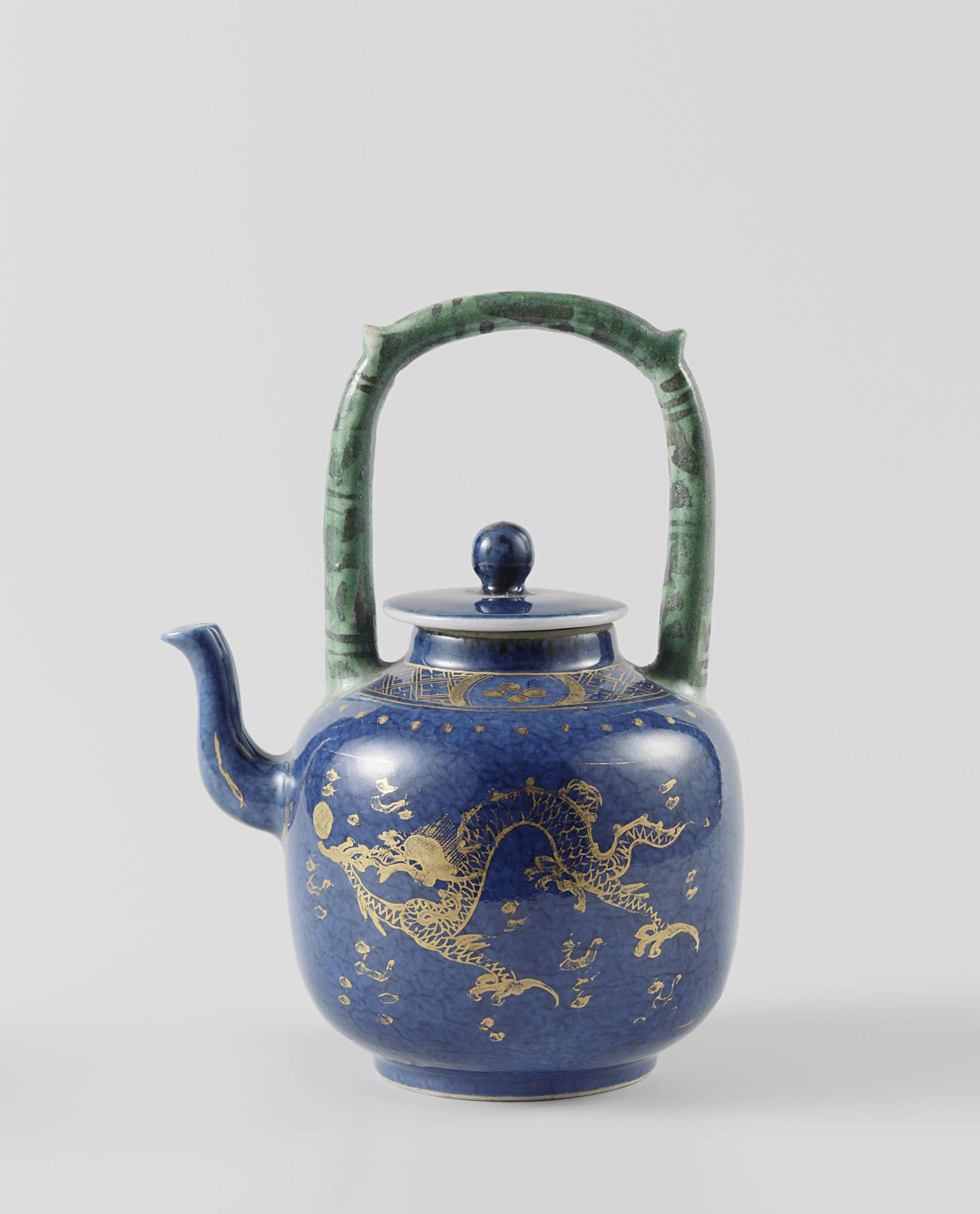 Teapot with powder blue and gold dragons, ceramic, unknown artist