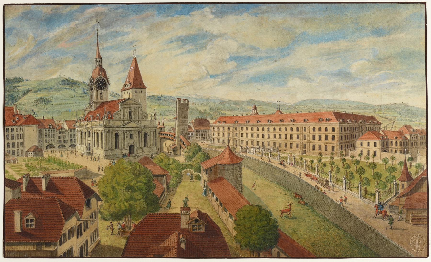 Vue de l’eglise du St. Esprit, et du grand Hopital à Berne by Johann Grimm, oil painting