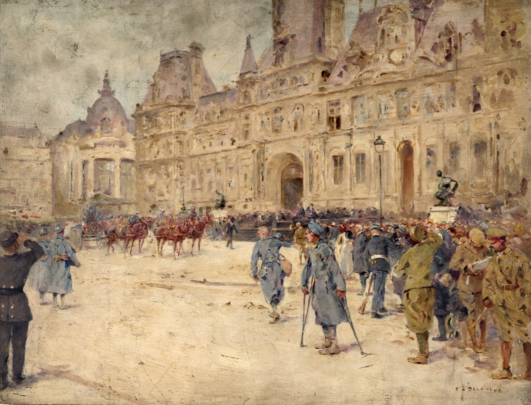 Oil painting by Ernest Jean delahaye depicting veterans at a funeral in a city square.