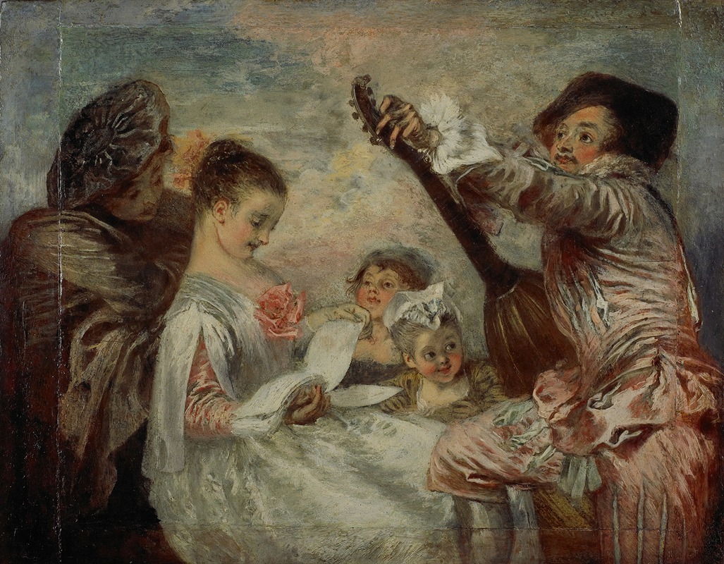 A painting by Jean-Antoine Watteau depicting a lively social scene.