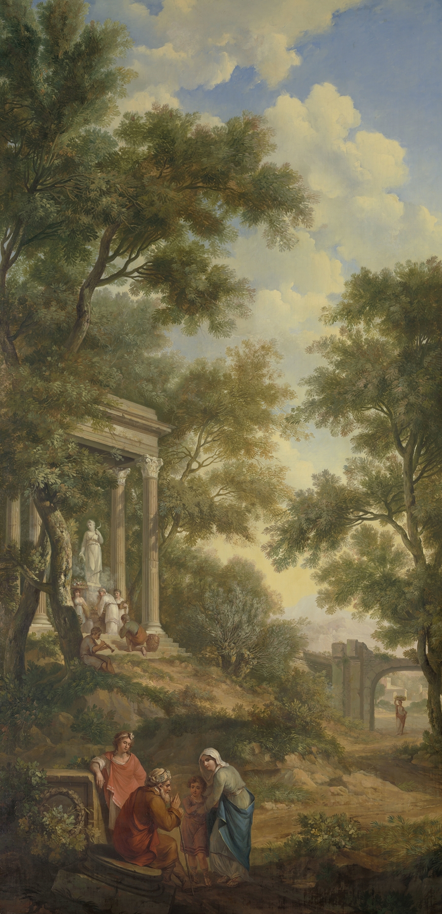 Arcadisch landschap met links een tempel en op de voorgrond een zittende oude man, by Jurriaan Andriessen, public domain