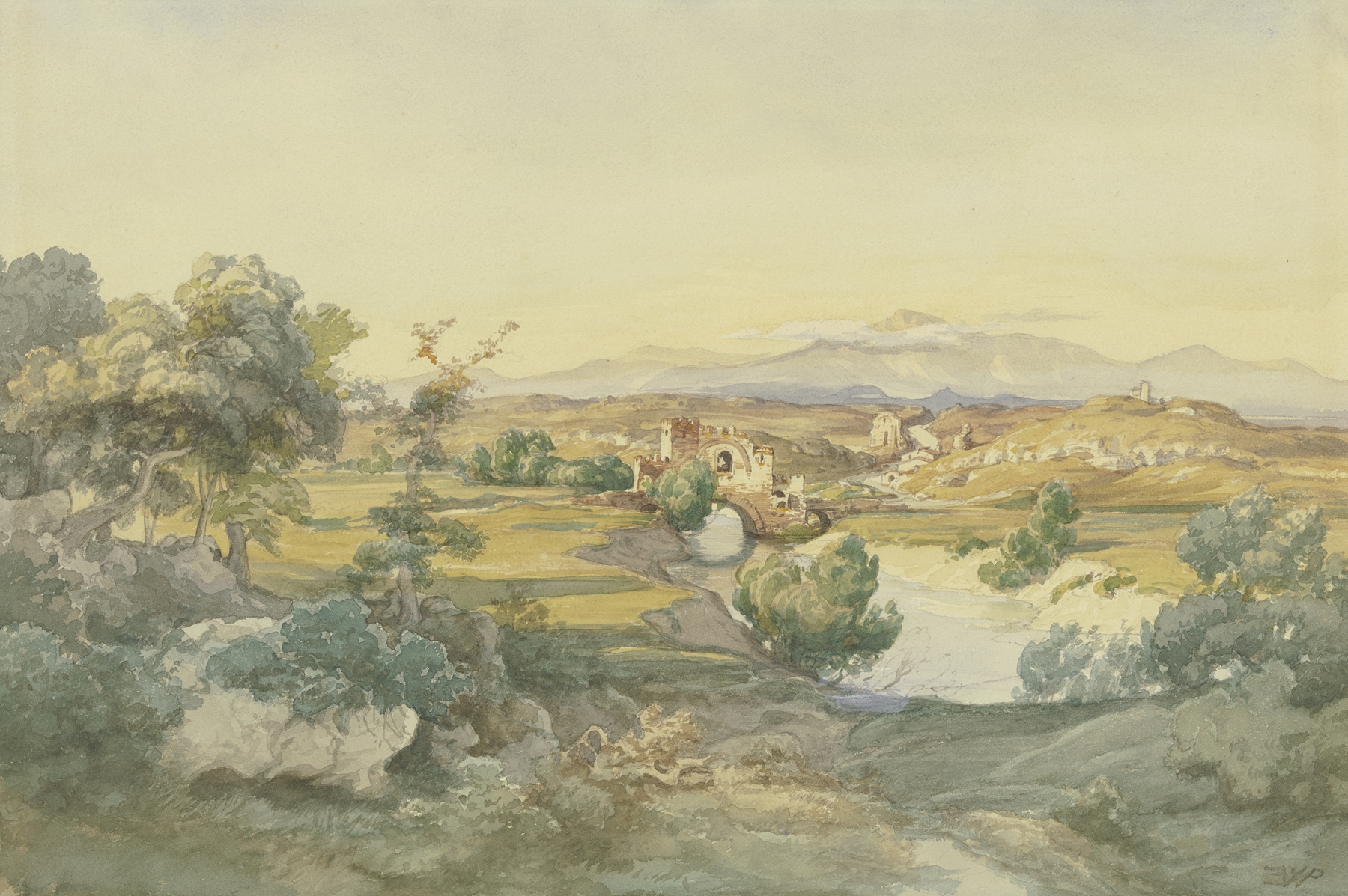 Italian landscape by Eduard Wilhelm Pose, oil painting depicting serene countryside with light and shadow.