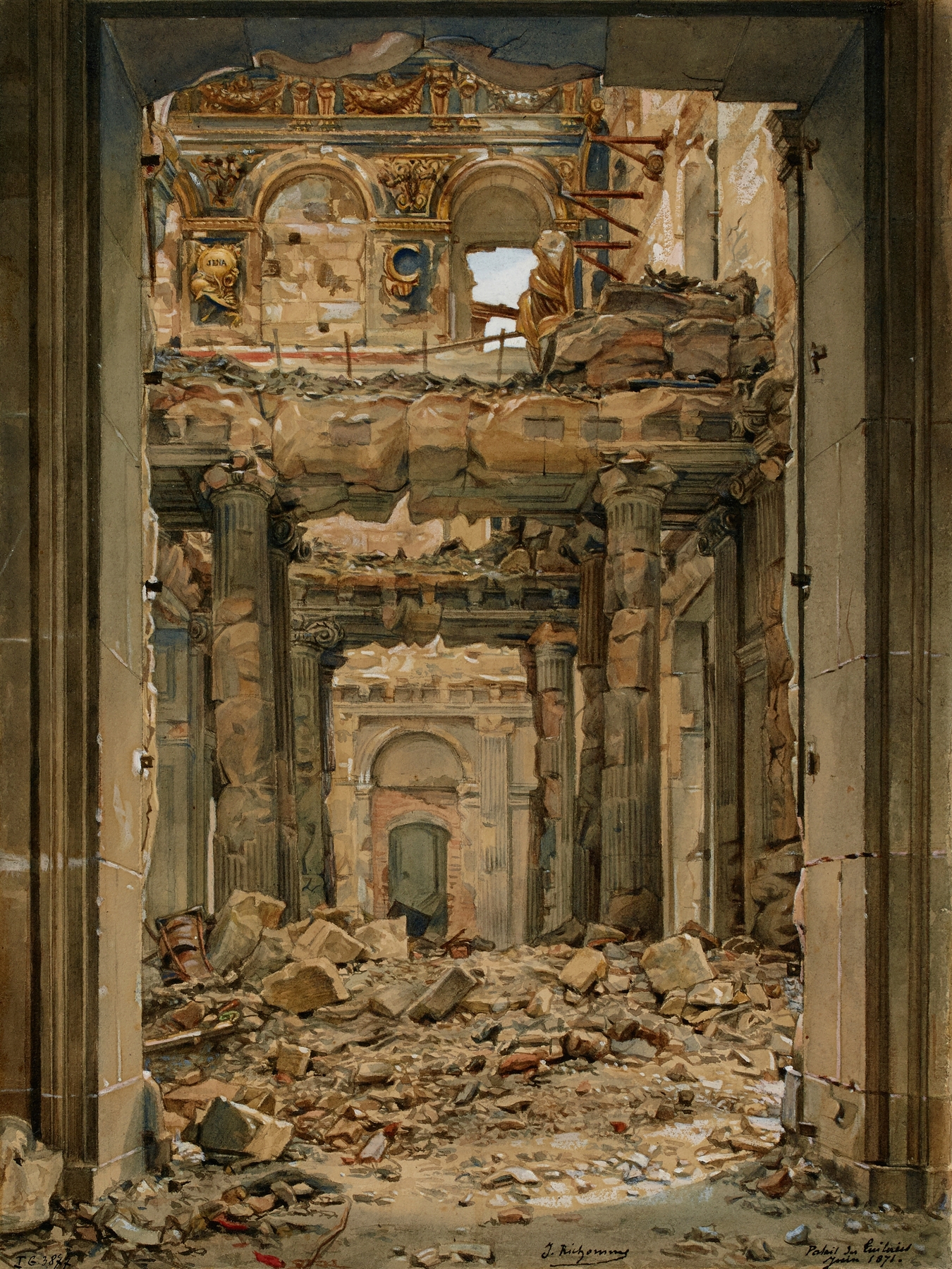 Portail des Tuileries après l’incendie de 1871 by Jules Richomme, realism, depicting a charred architectural portal