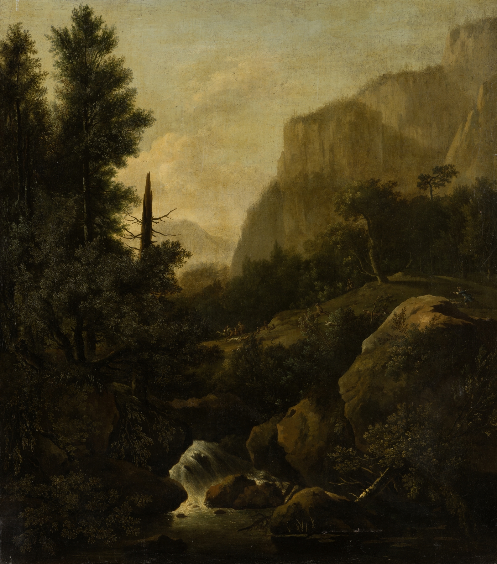 Mountain Landscape with Deer Hunt at a Waterfall, by Frederik de Moucheron, public domain