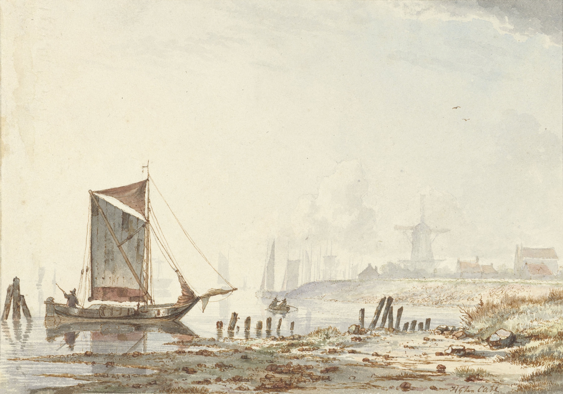 River scene with boats, oil on canvas by Hendrik Gerrit ten Cate