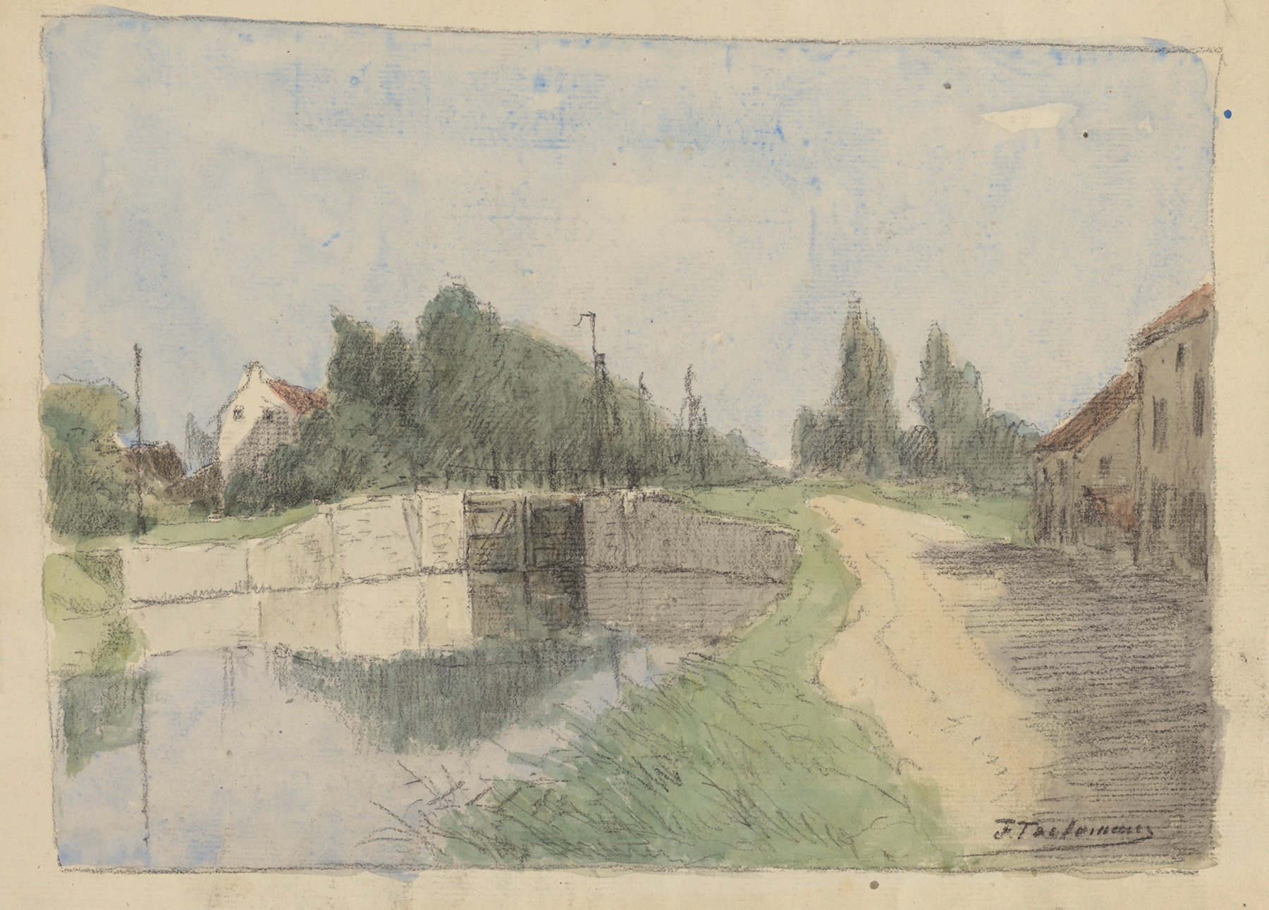 Canal de Louvain à Malines by Jean-François Taelemans, oil painting depicting a tranquil landscape.