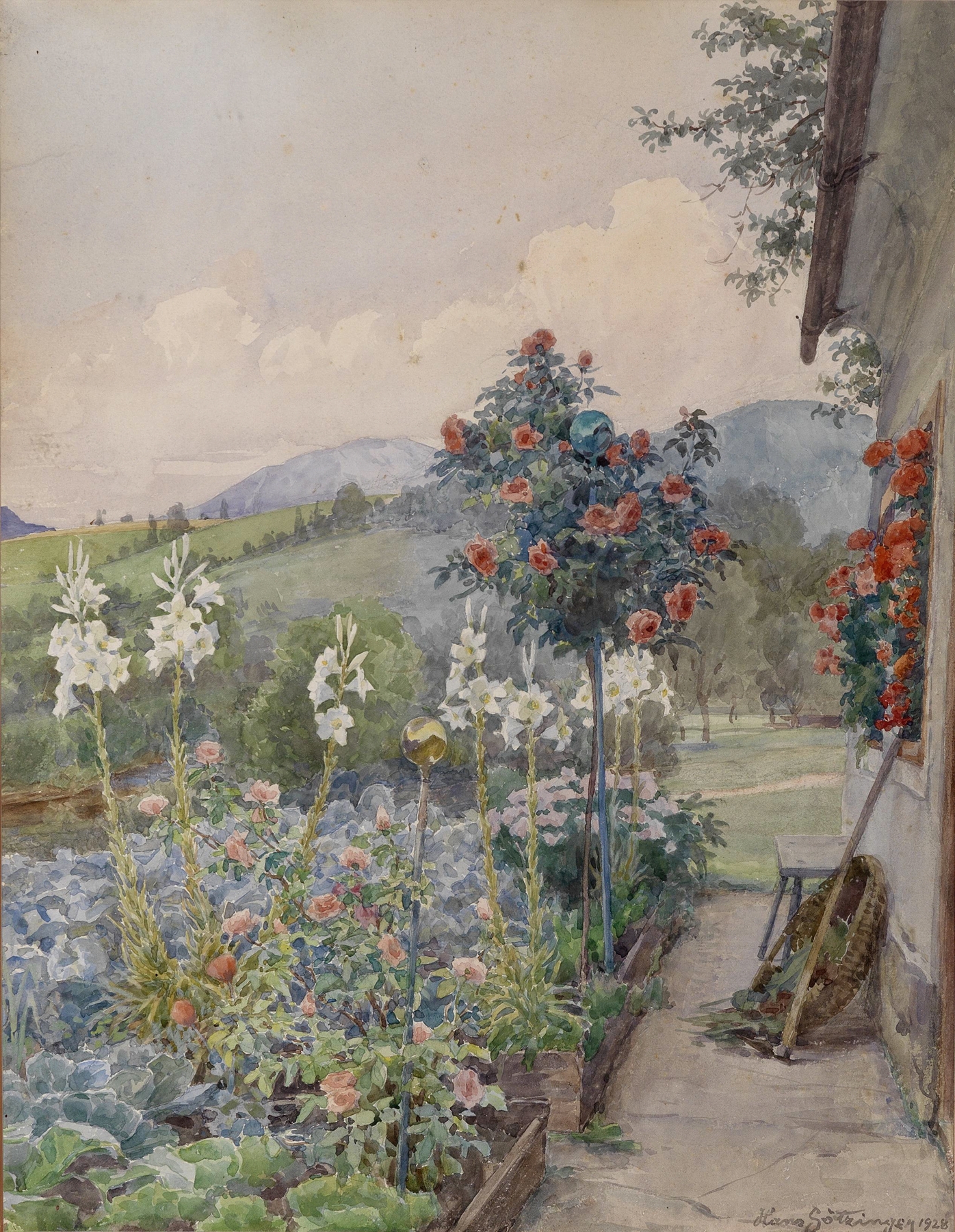 Botanical scene with vibrant flowers by Hans Götzinger, oil painting