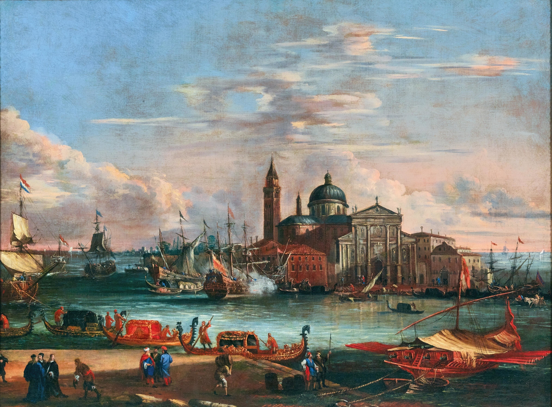 San Giorgio Maggiore, Venice by Johann Anton Eismann, oil on canvas depicting a church at sunset over water.