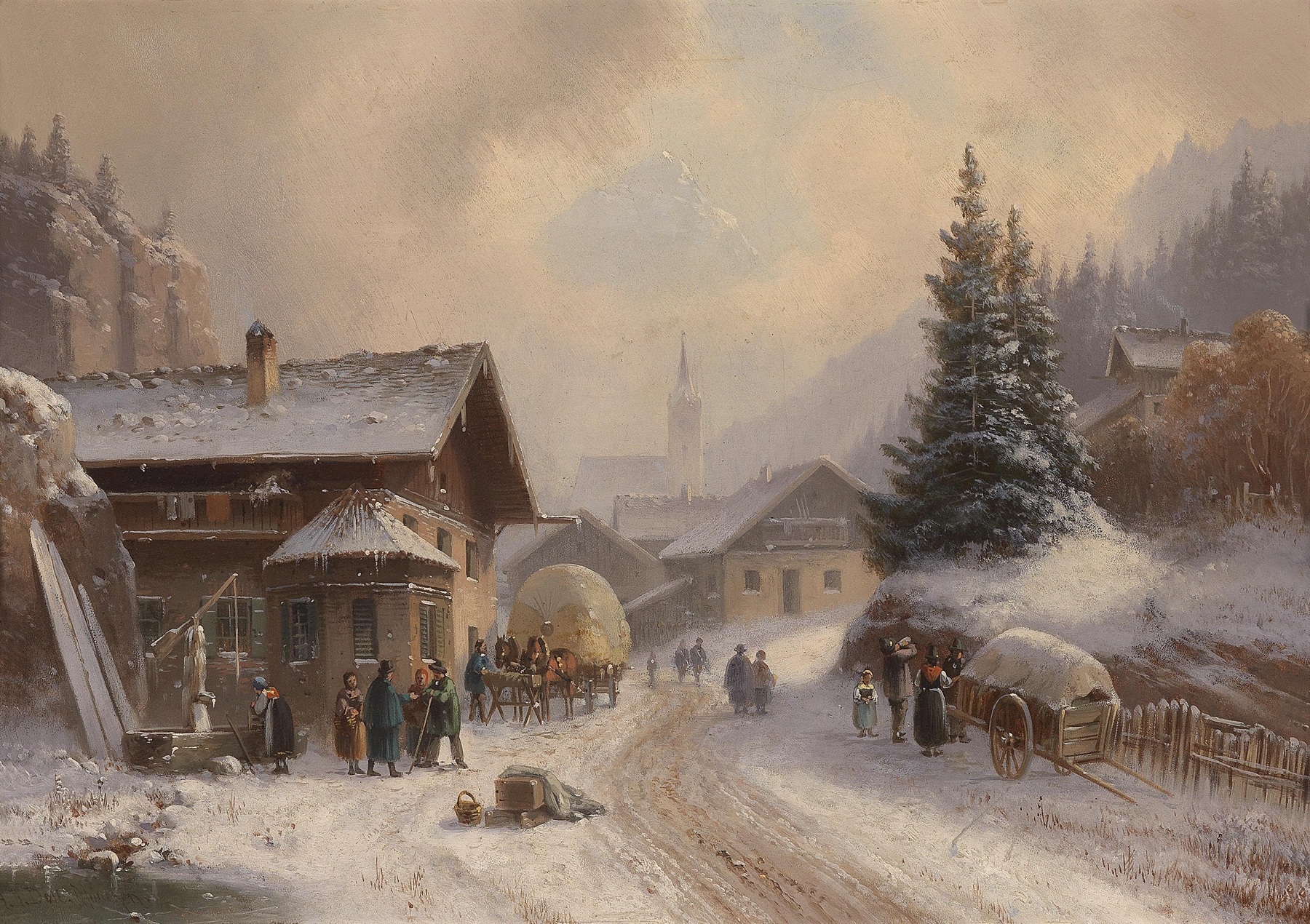 Winter landscape with a snow-covered path by Anton Doll, oil on canvas