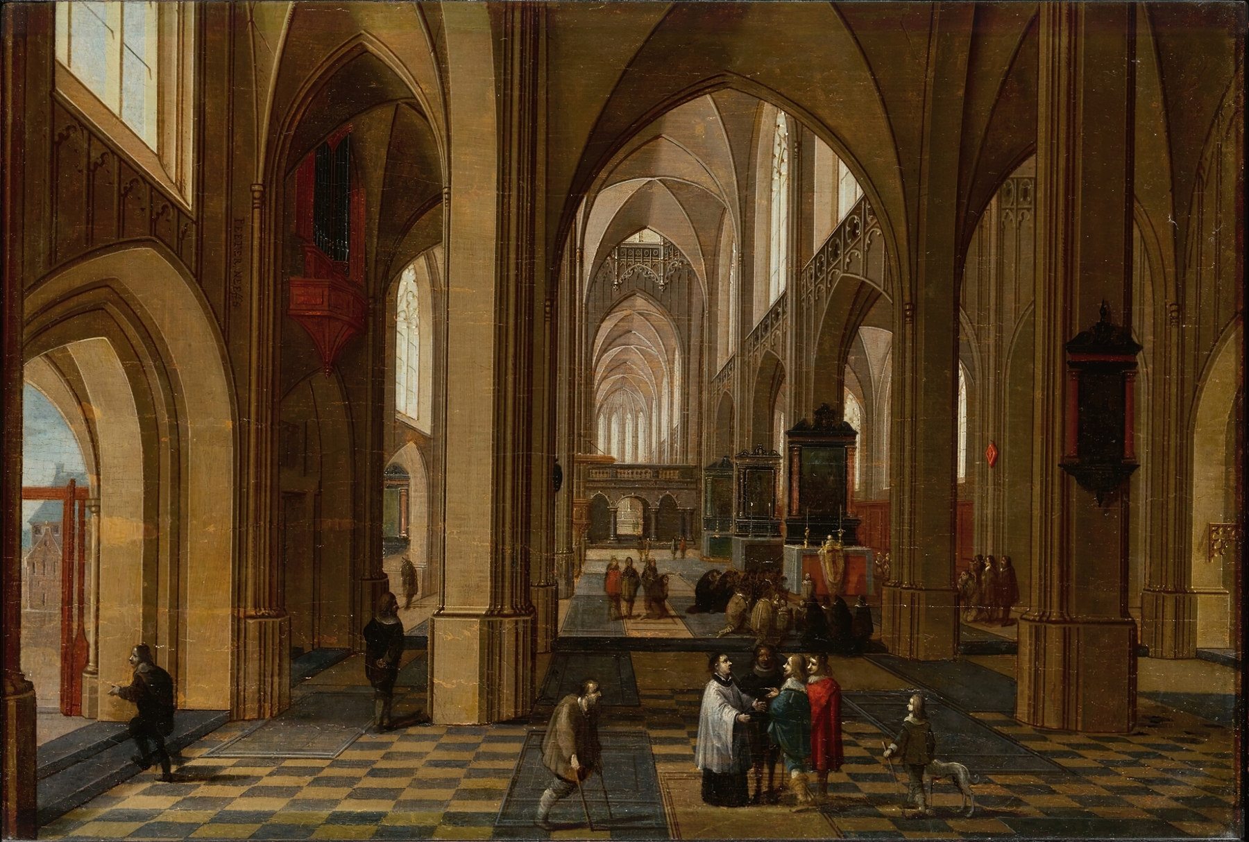 Interior of a Gothic cathedral by Pieter Neeffs the Elder, featuring intricate columns and stained glass.