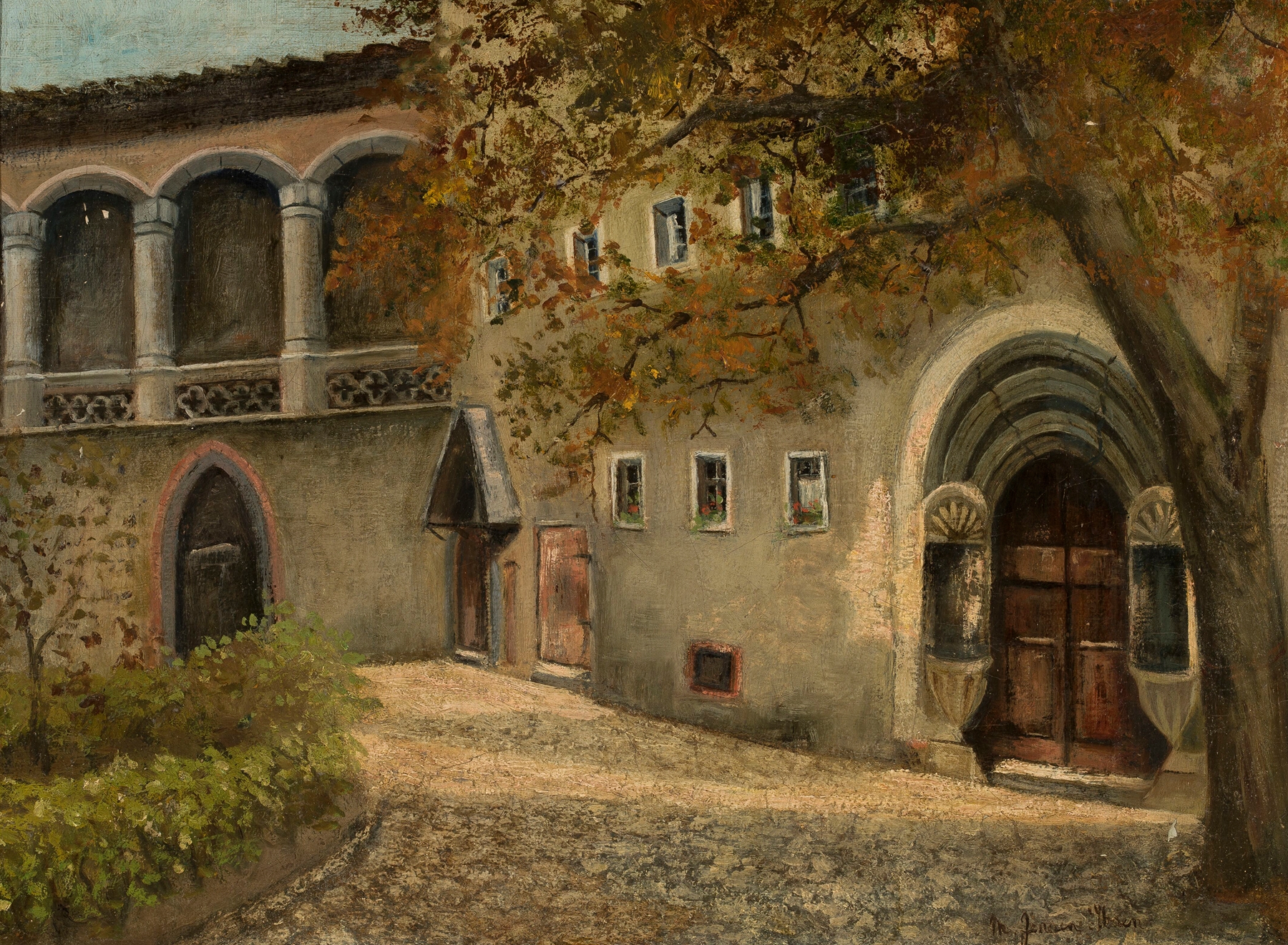 Urban landscape by Marie Ibsen Jensen, impressionism, depicting muted buildings and cobblestones