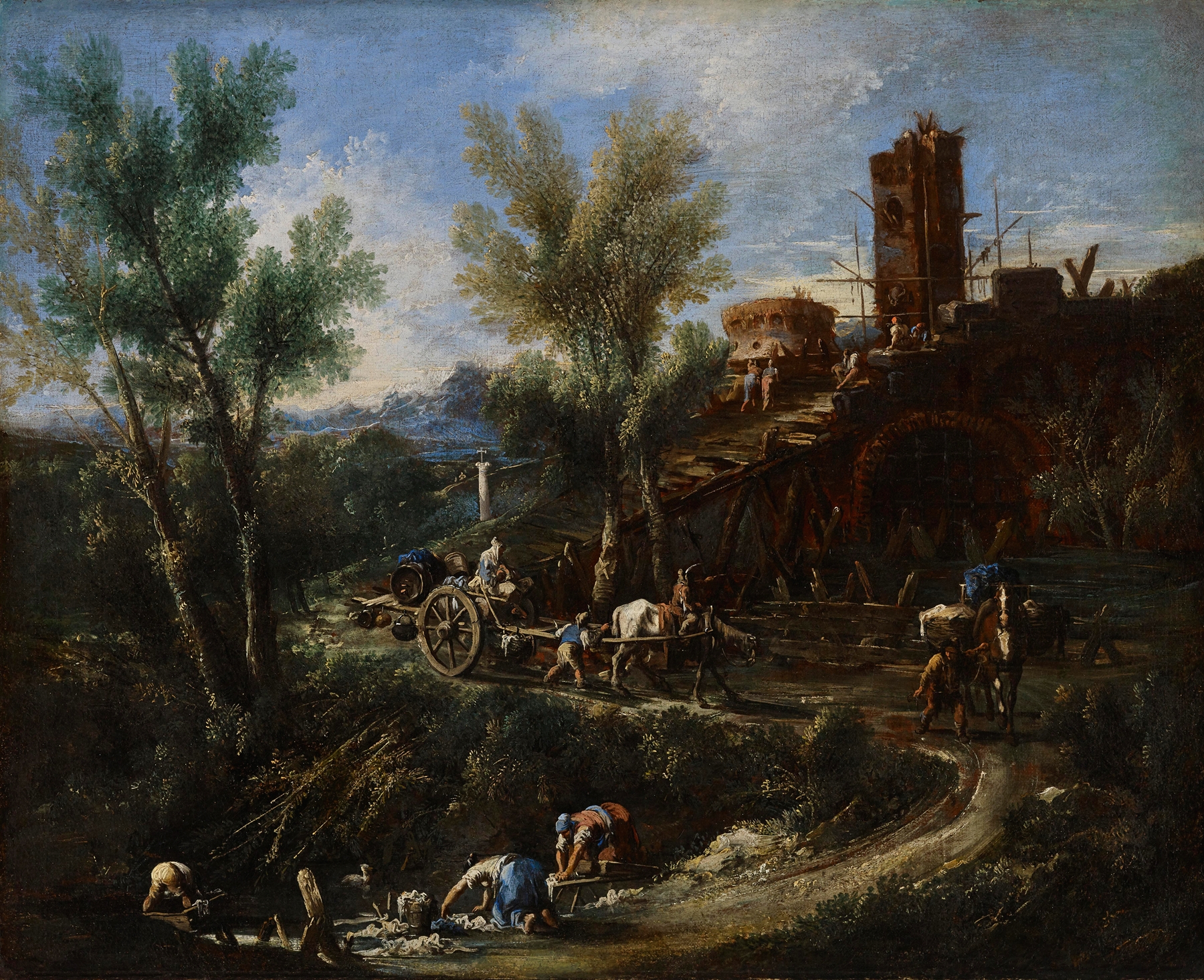 Landscape with Gypsies and Washerwomen, by Alessandro Magnasco, public domain