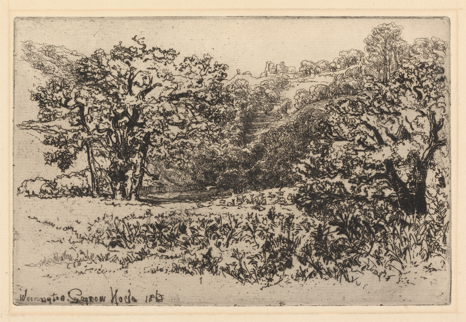 Werrington engraving by Francis Seymour Haden depicting a serene landscape with hills and light.