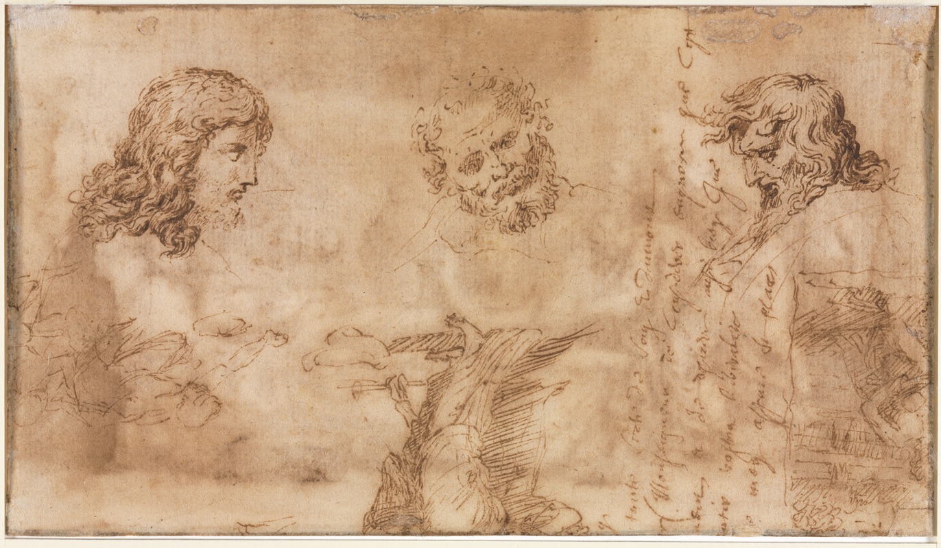 A drawing by Nicolas Poussin featuring three heads and various sketches.