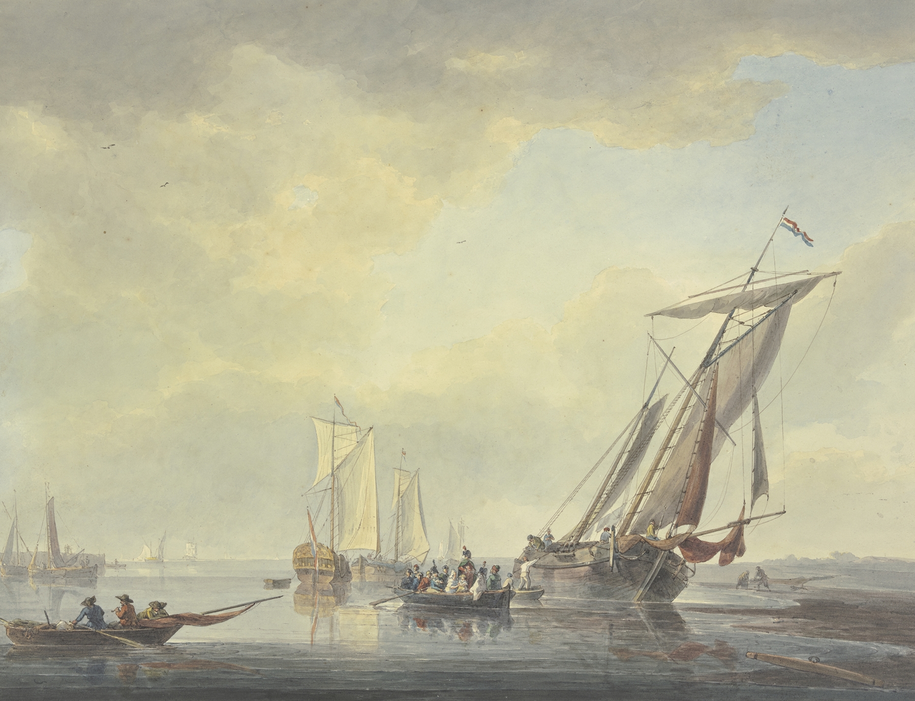 Oil painting by Arie Lamme depicting a boat with military personnel approaching the shore.