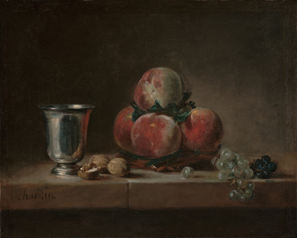 A still life painting featuring peaches, a silver goblet, grapes, and walnuts.