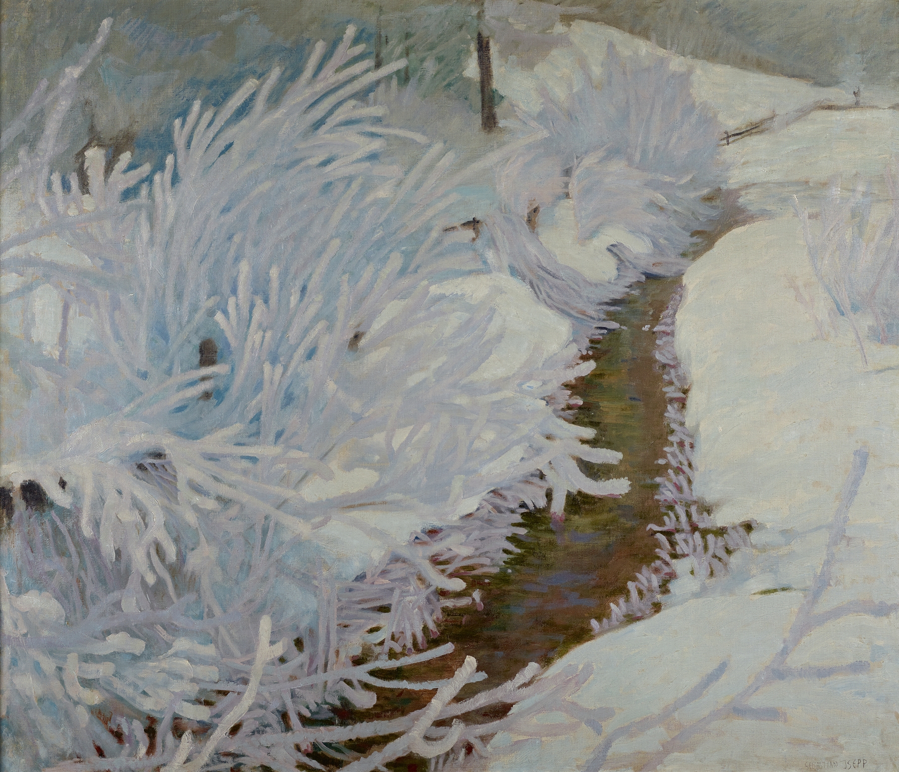 Abstract expressionism by Sebastian Isepp, featuring swirling golden hues and contrasting colors.