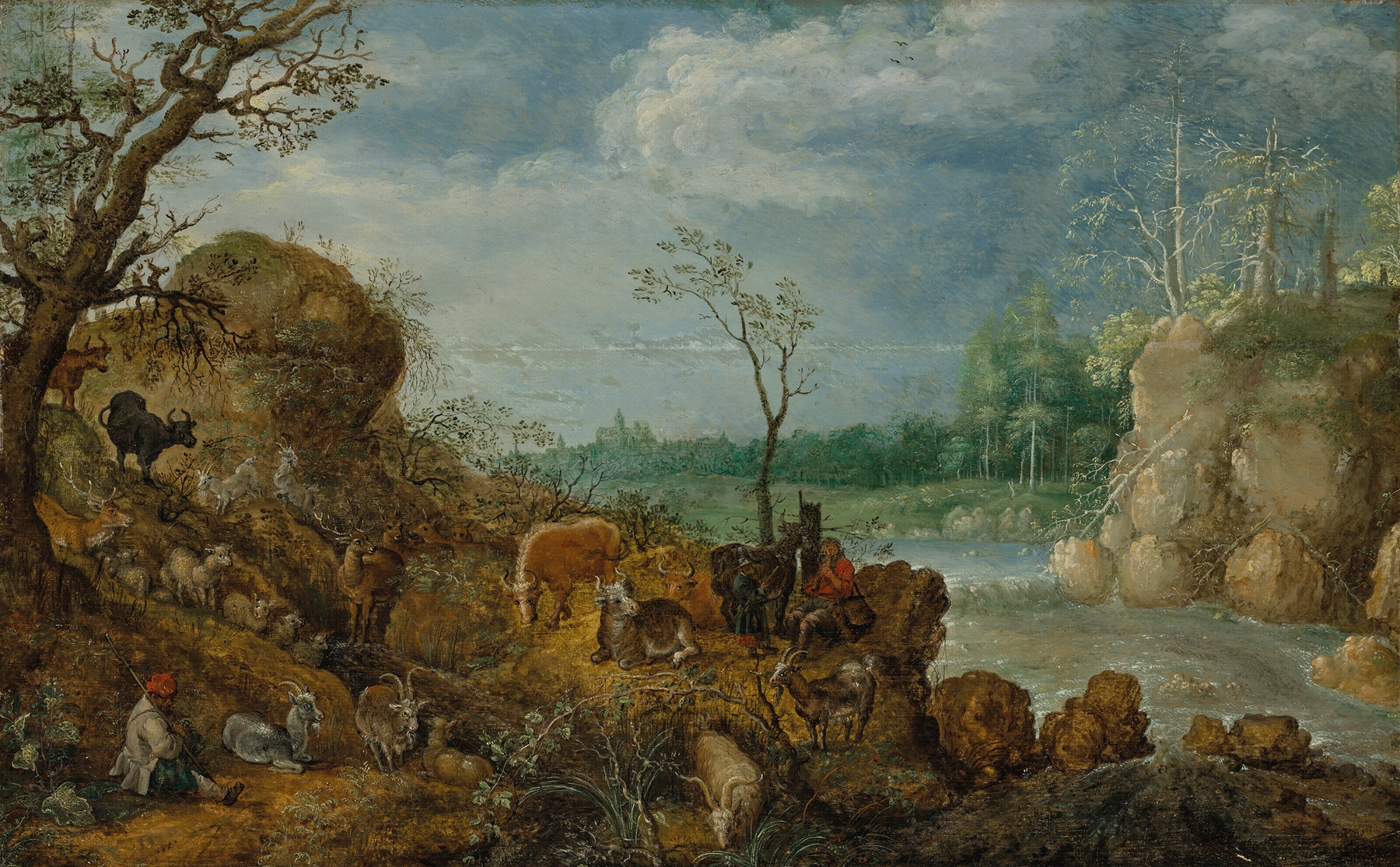 A river landscape with shepherds and animals, oil painting by Roelant Savery