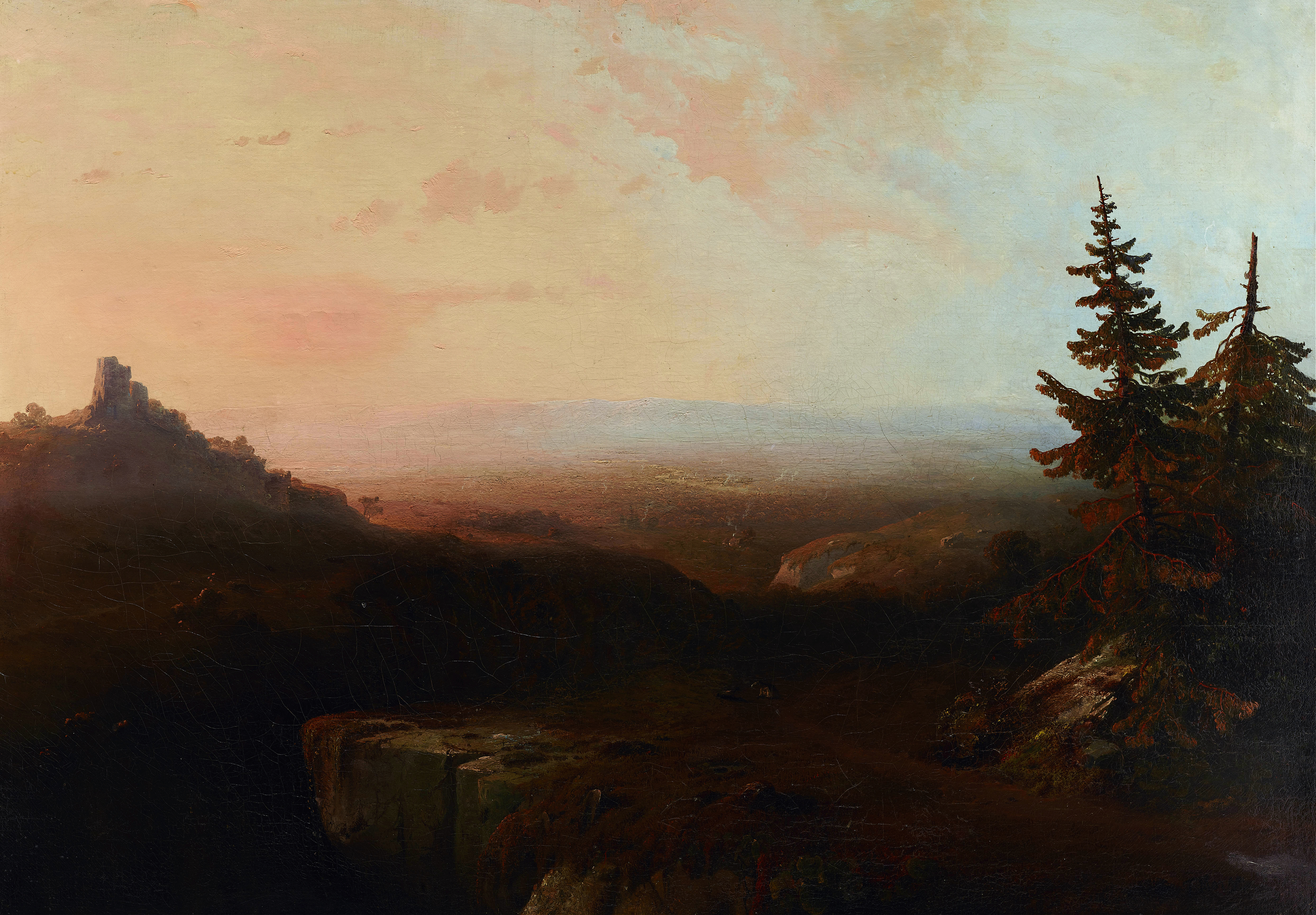 Mountain Scene by Thomas Moran, oil painting depicting mountains and valleys under soft light.