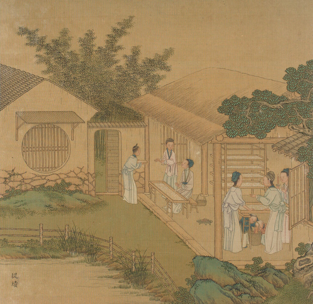 Botanical silk artwork by Qiu Ying depicting rice and silk culture.
