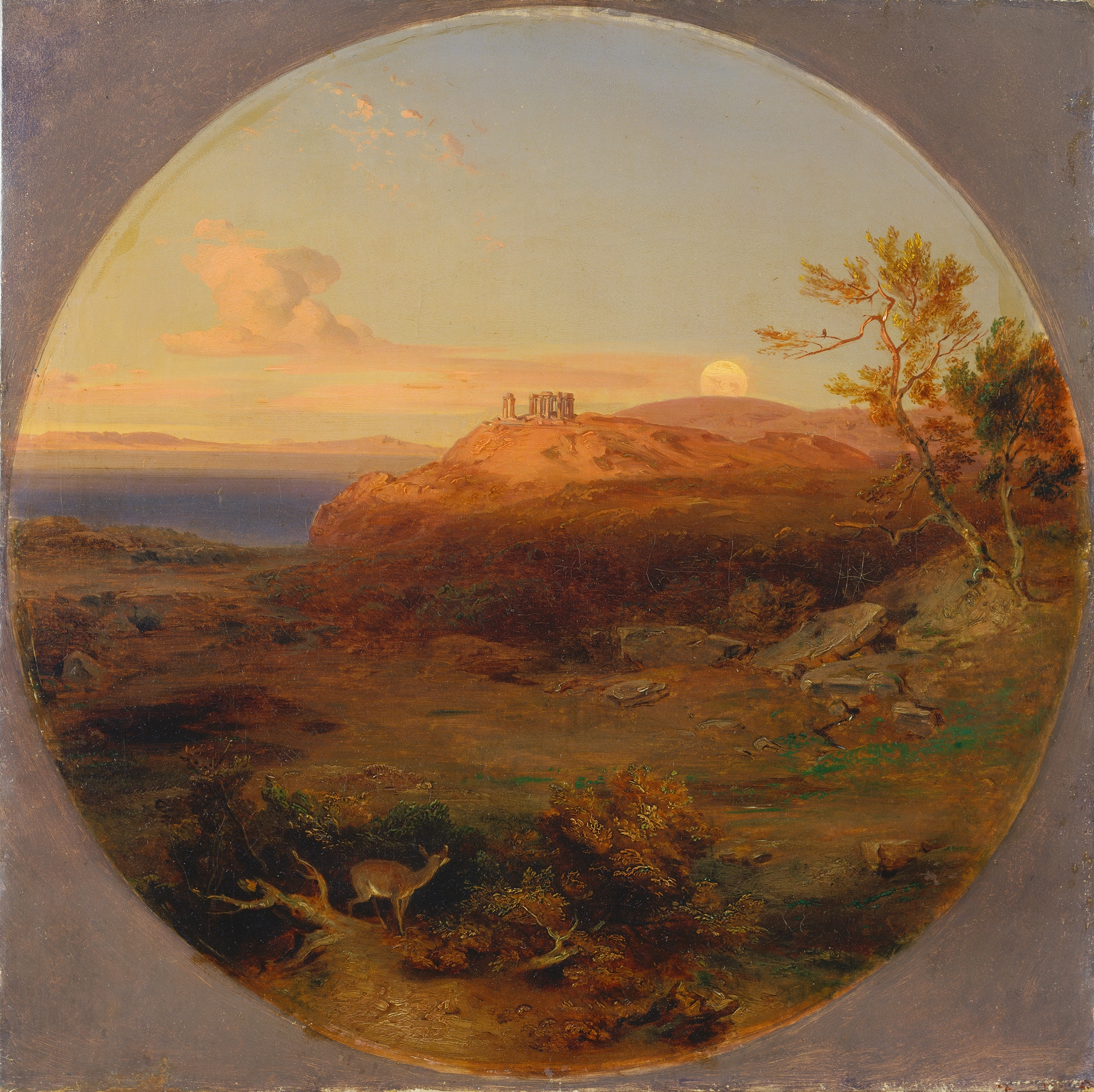 Greek landscape oil painting by Carl Rottmann featuring hills and sunset.