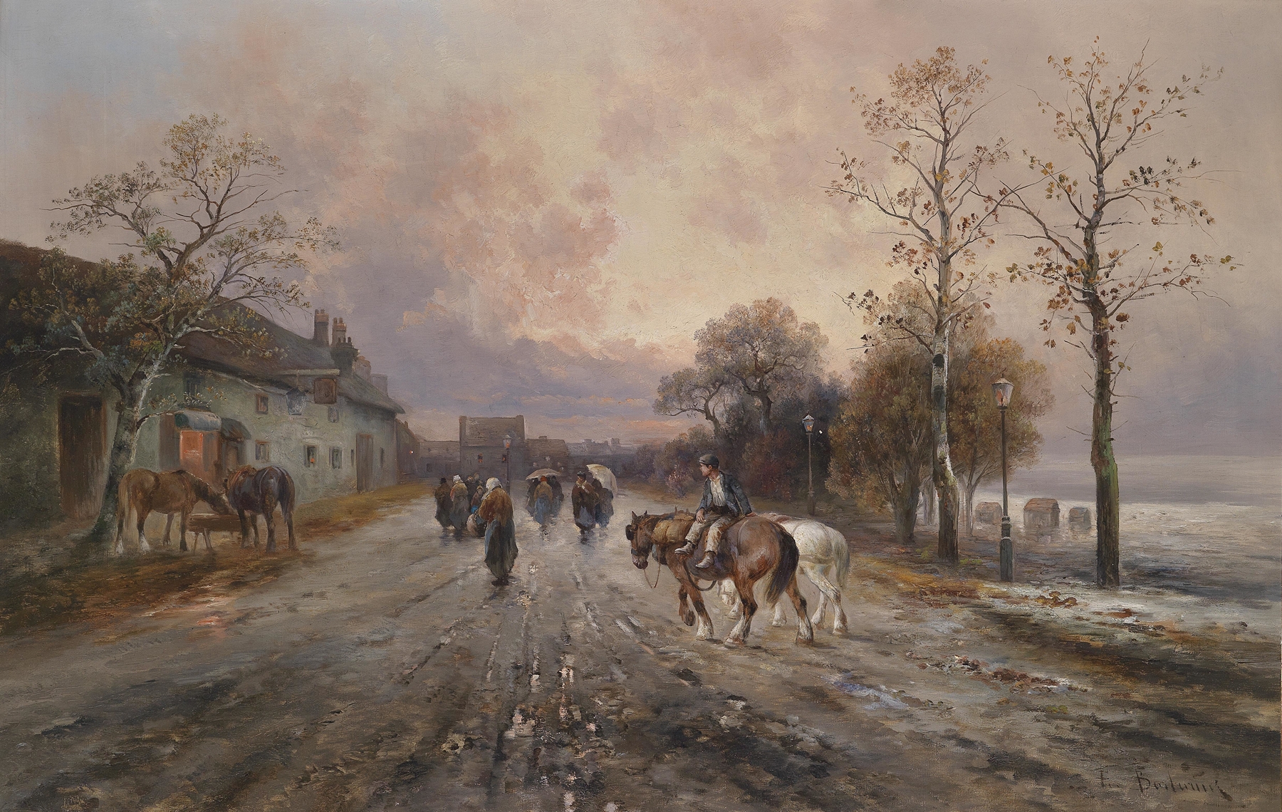 Twilight landscape with a village and horizon, oil painting by Emil Barbarini