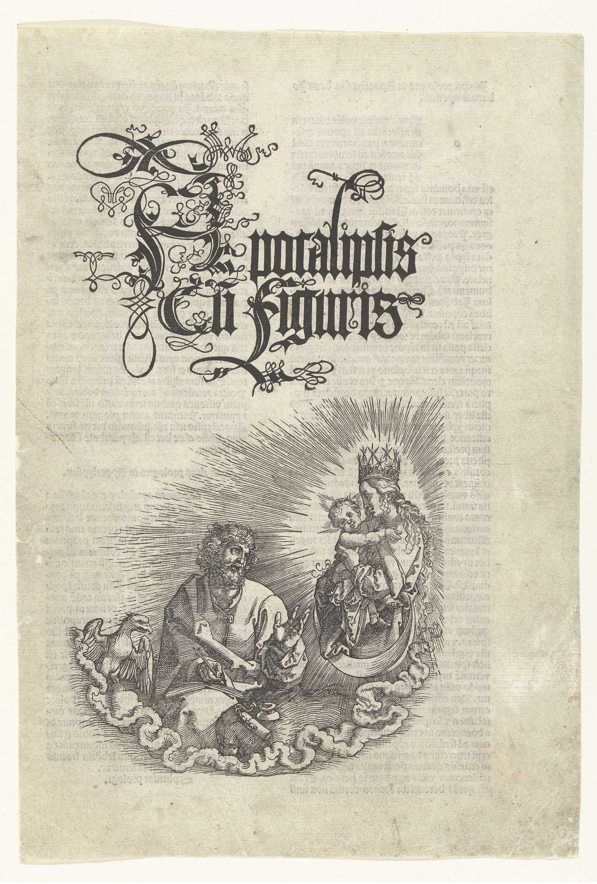 Engraving by Albrecht Dürer depicting Mary with Christ Child and the Evangelist.