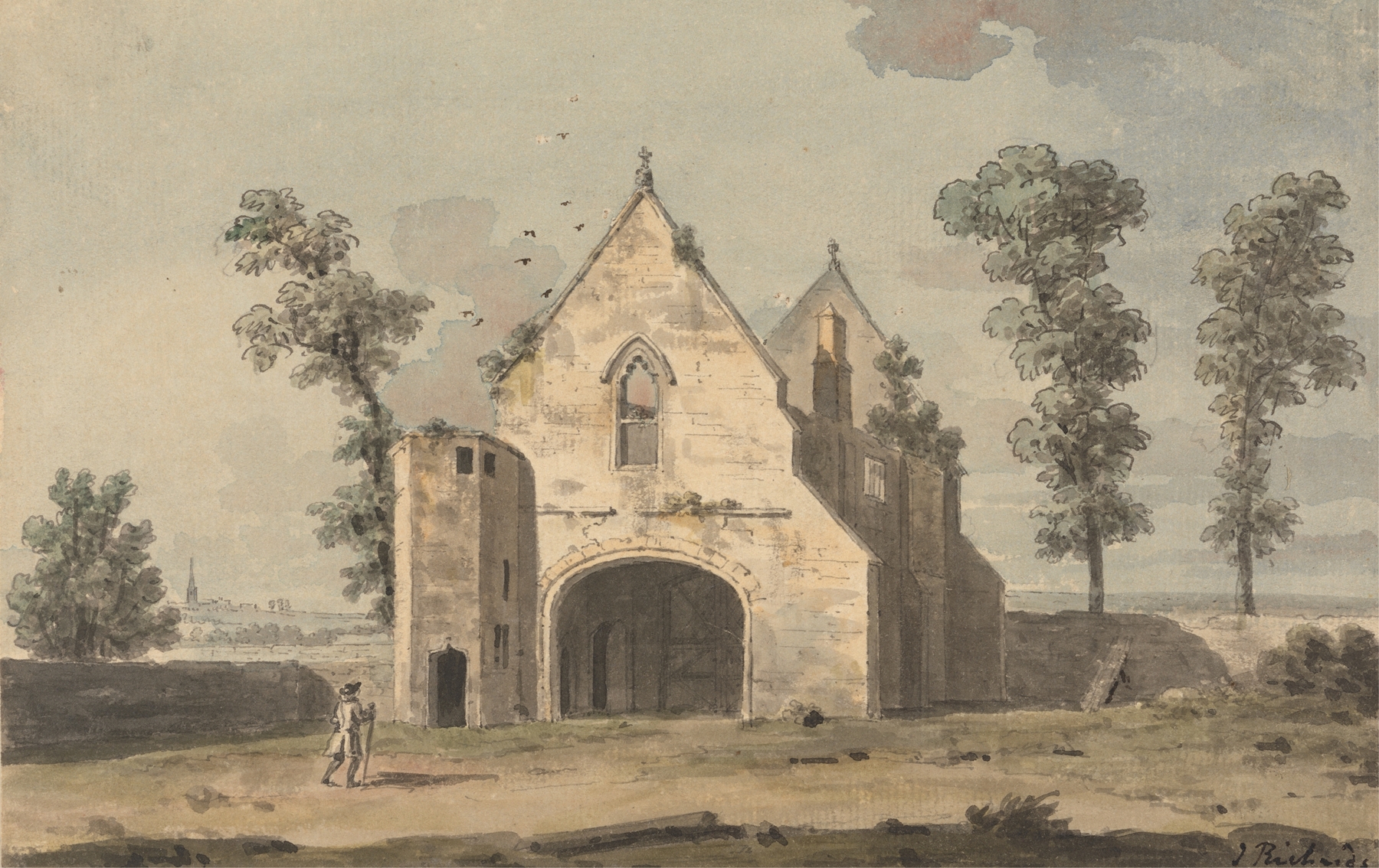 Maxstoke Priory, Warwickshire by John Inigo Richards, oil painting depicting stone architecture and serene landscape.