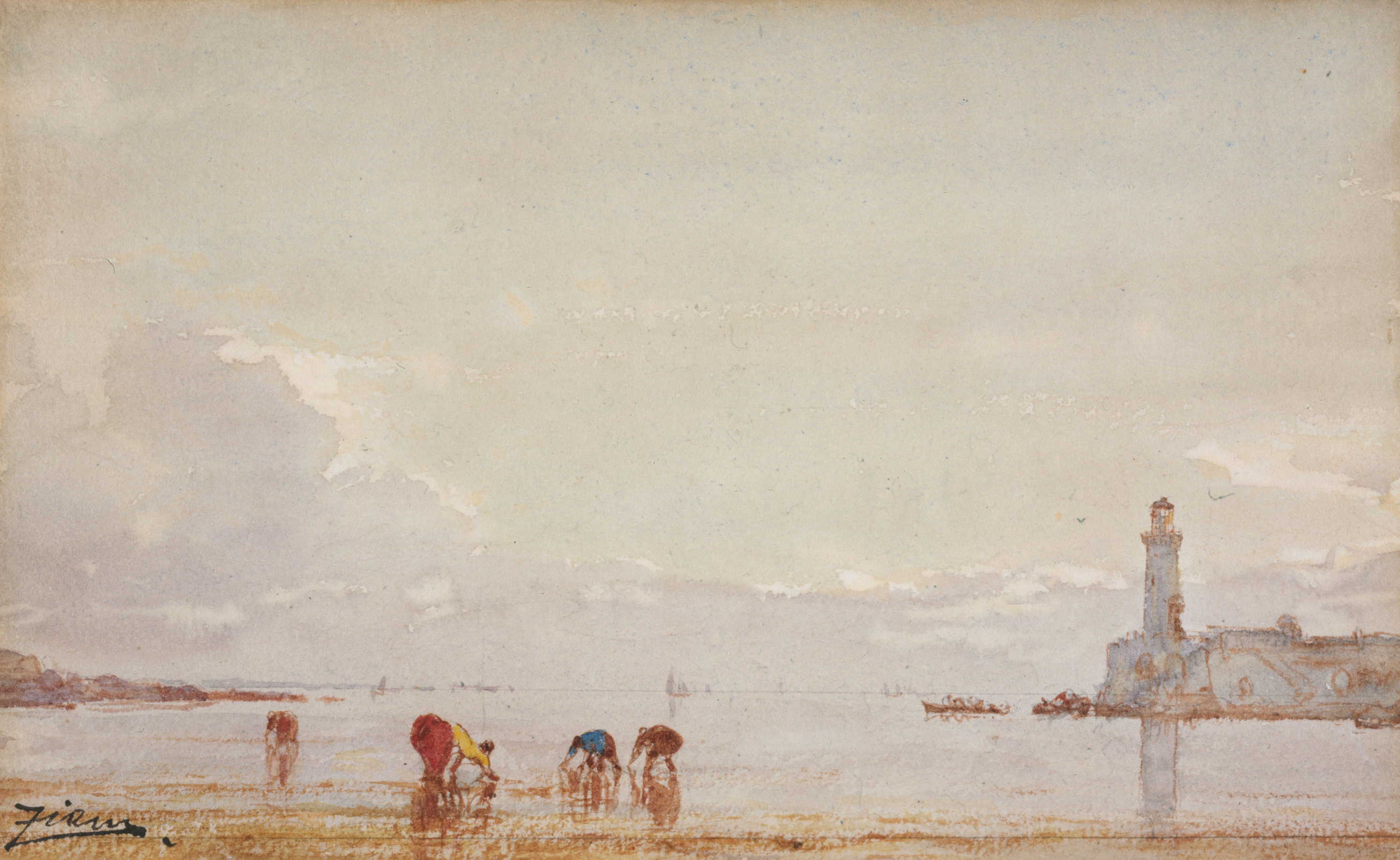 Marine scene depicting fishermen at Antibes, oil painting by Félix Ziem