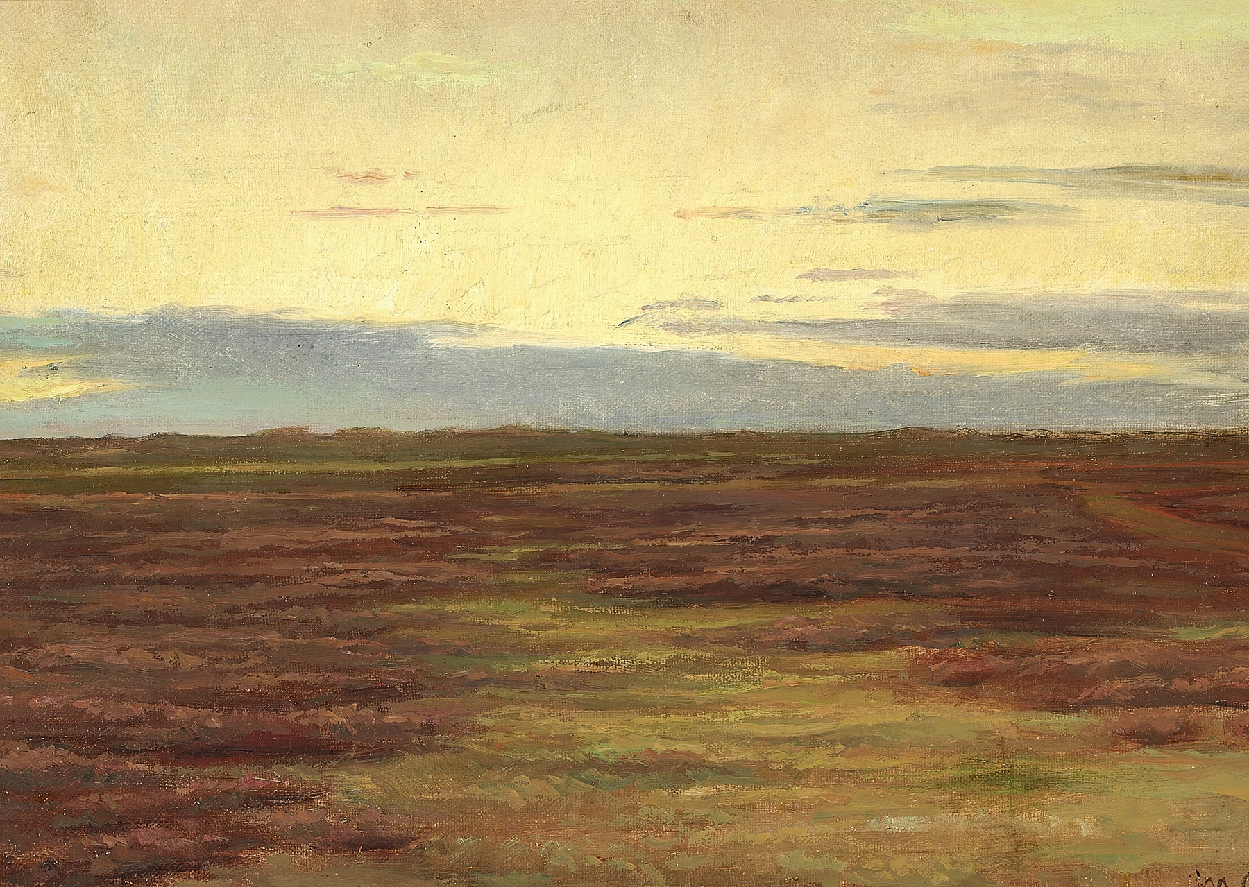 Marine scene by Michael Ancher, oil painting depicting a sunset over the sea.