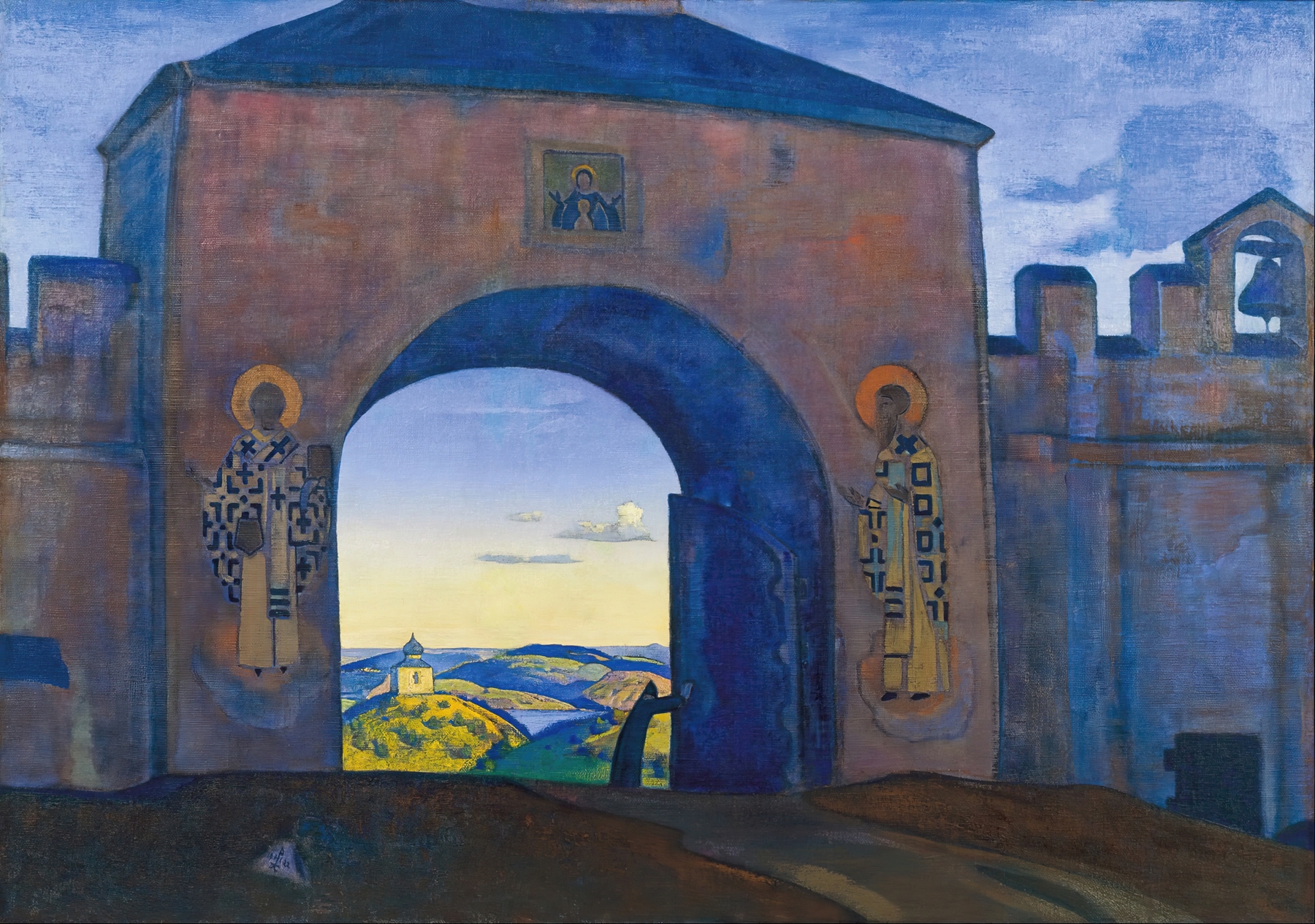 Landscape with majestic gates, oil on canvas by Nicholas Roerich