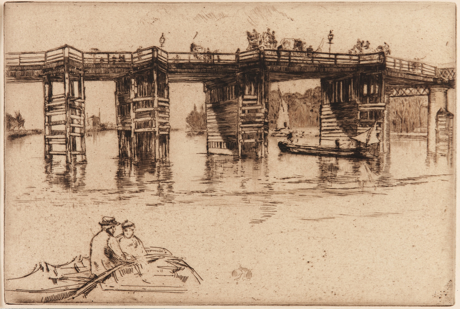 Old Putney Bridge by James Abbott McNeill Whistler, oil painting depicting twilight reflections on water.