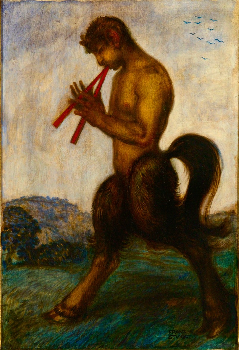 Franz von Stuck's 'Pan mit Doppelaulos' depicts the Greek god Pan playing his double flute.