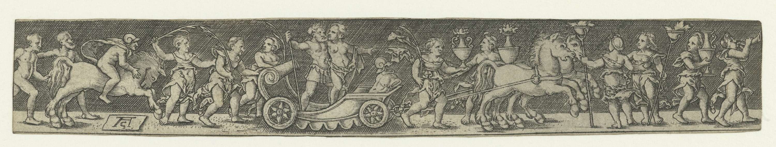 Engraving by Monogrammist AC depicting a vibrant procession with a central figure.