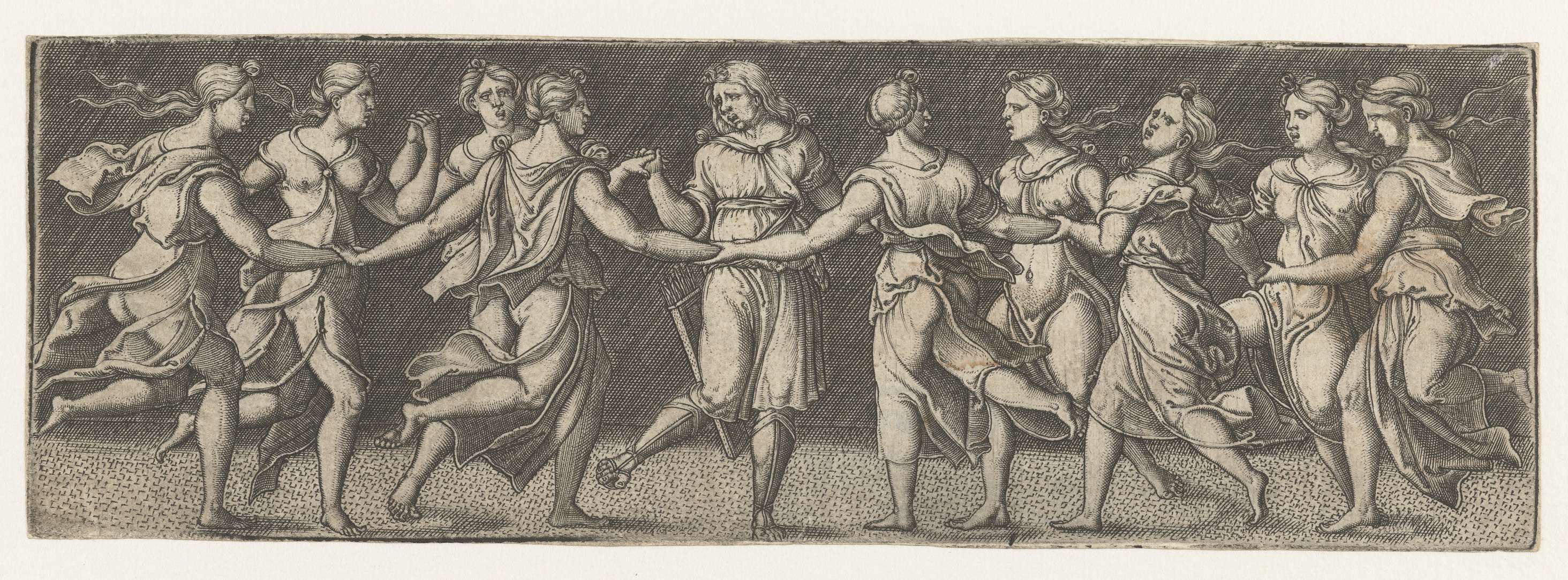 Engraving by Monogrammist AC depicting Apollo and muses in muted earth tones.