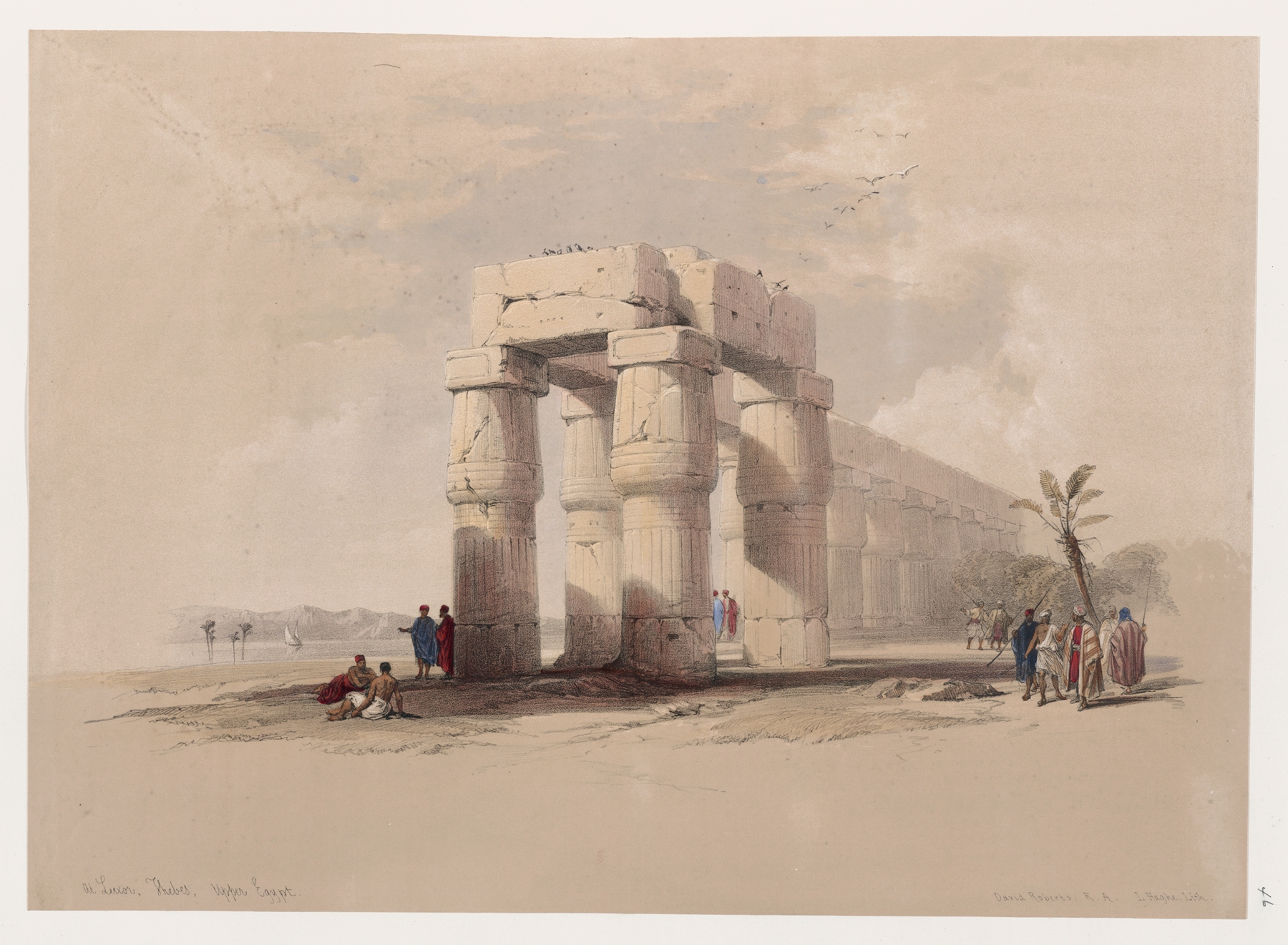 Oil painting by David Roberts depicting ancient columns and ruins under golden light