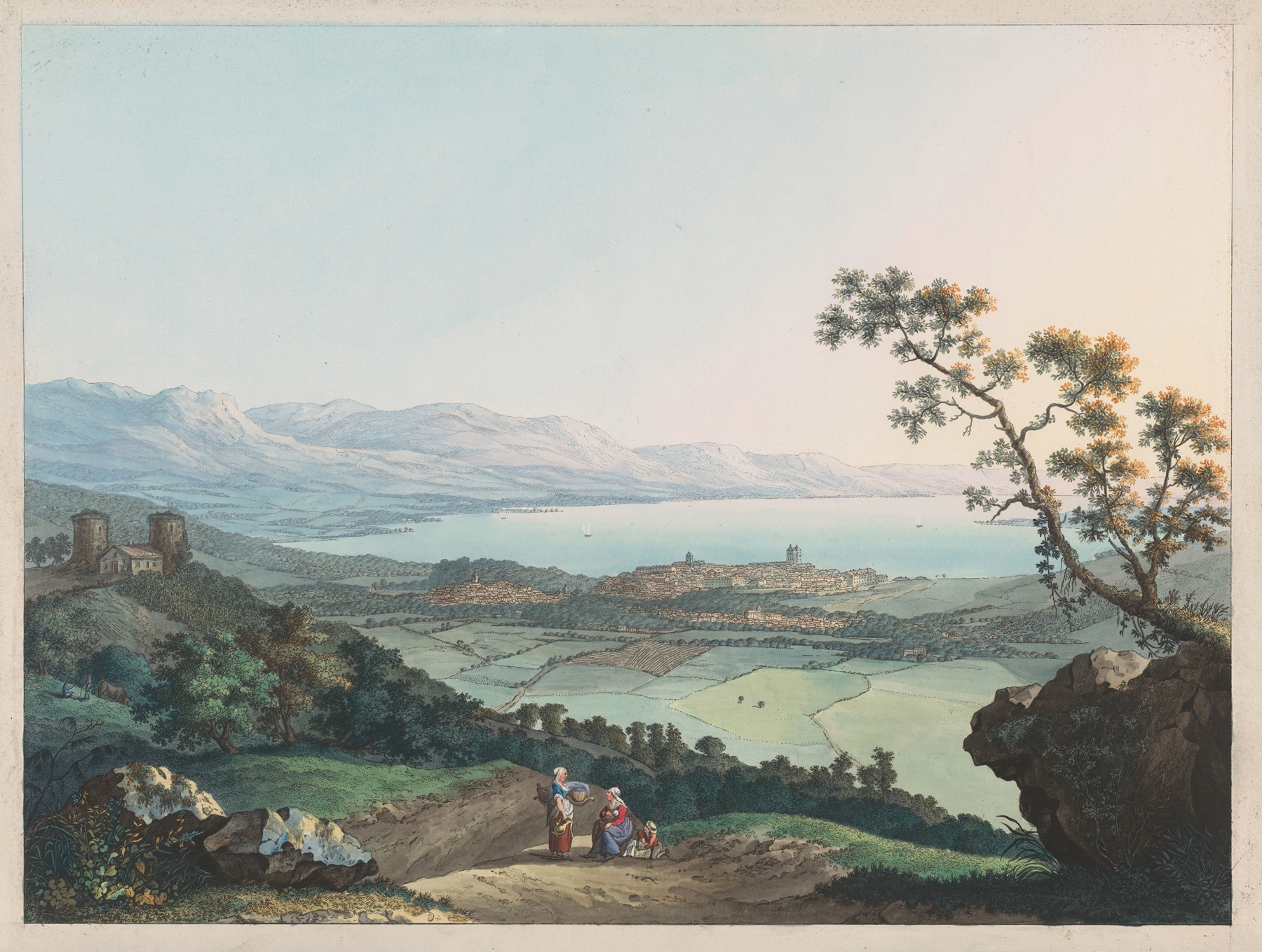 Vue de Genève pris depuis Saconex en Savoie, by Carl Ludwig Hackert, public domain
