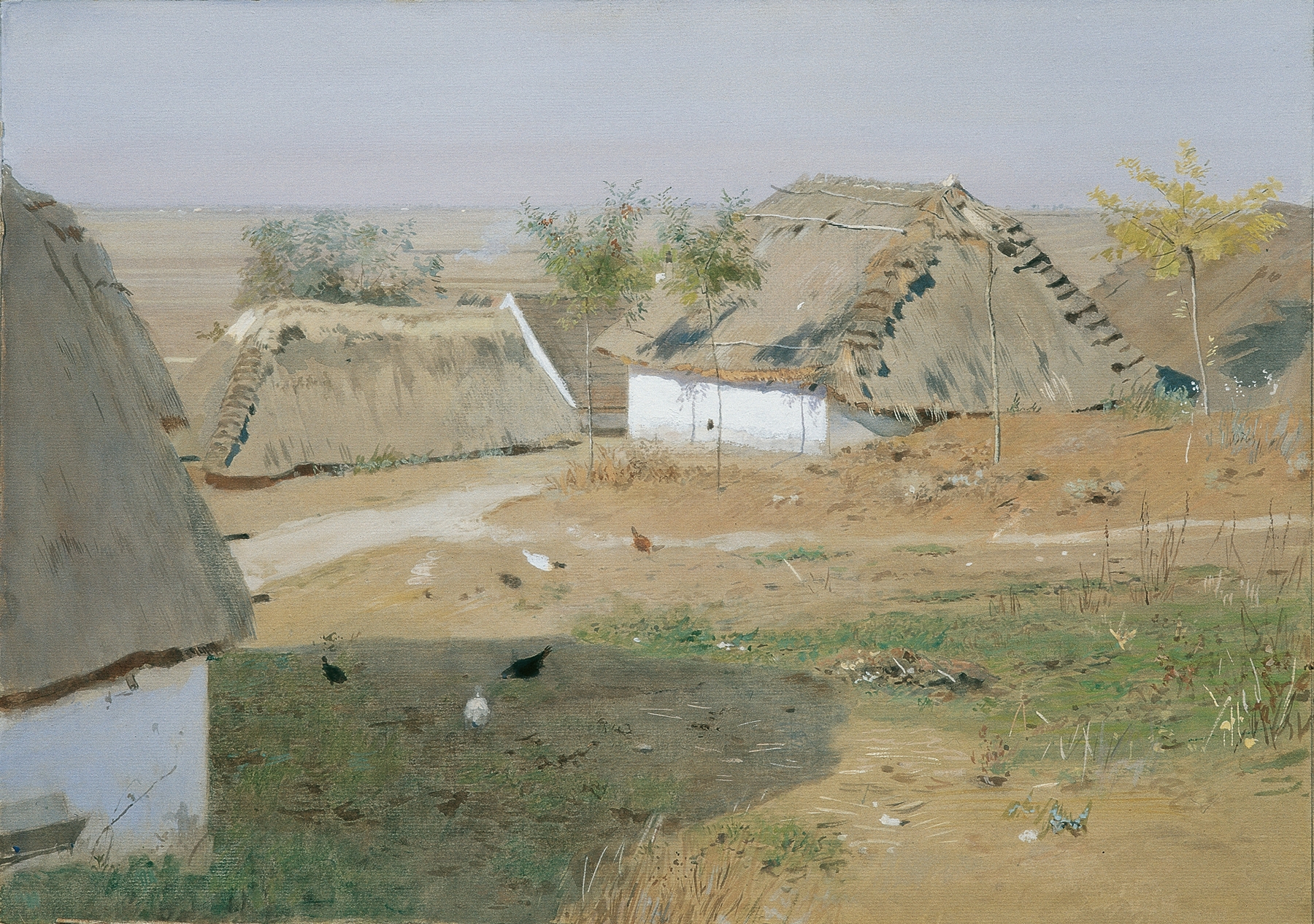Oil painting by Eugen Jettel depicting straw huts and rolling hills.