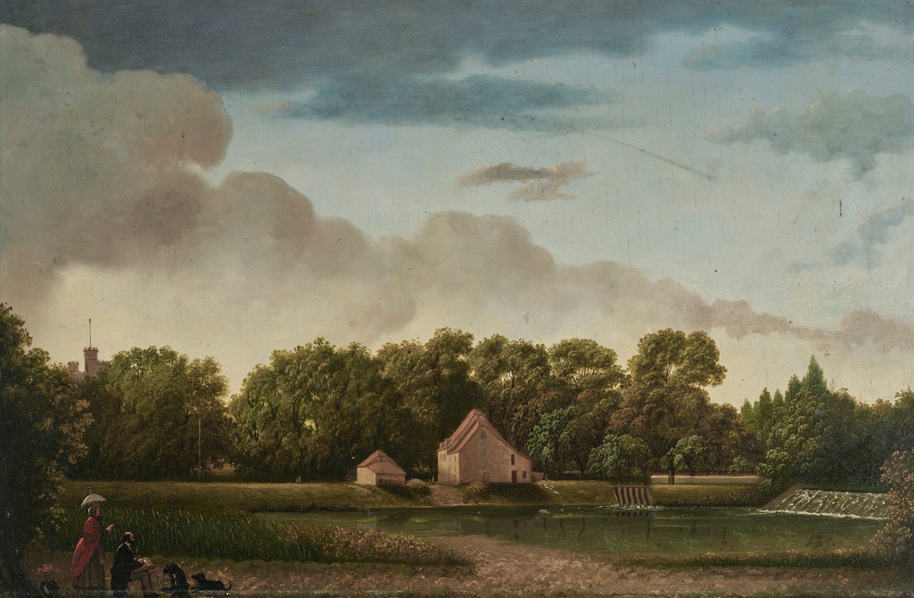 Oil painting by Thomas Bremond of a gentleman sketching by a weir with a lady and two dogs.