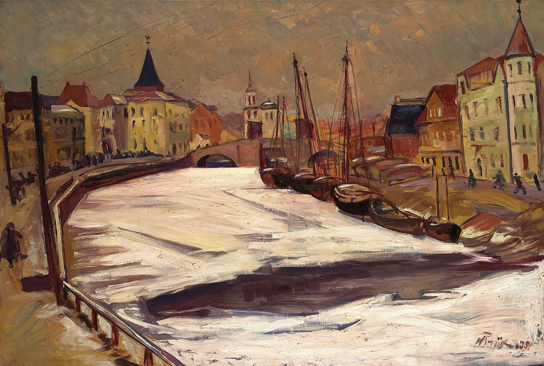 Expressionism landscape by Nikolai Triik, depicting winter river scene with Emajõgi