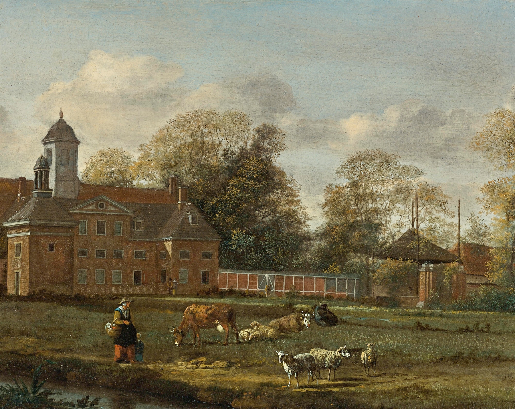 View Of Goudestein with a woman and child beside a dyke, Jan van der Heyden, oil painting