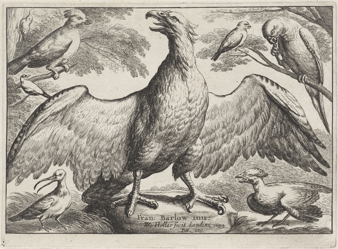 An eagle stands proudly on a rock, surrounded by six smaller birds.