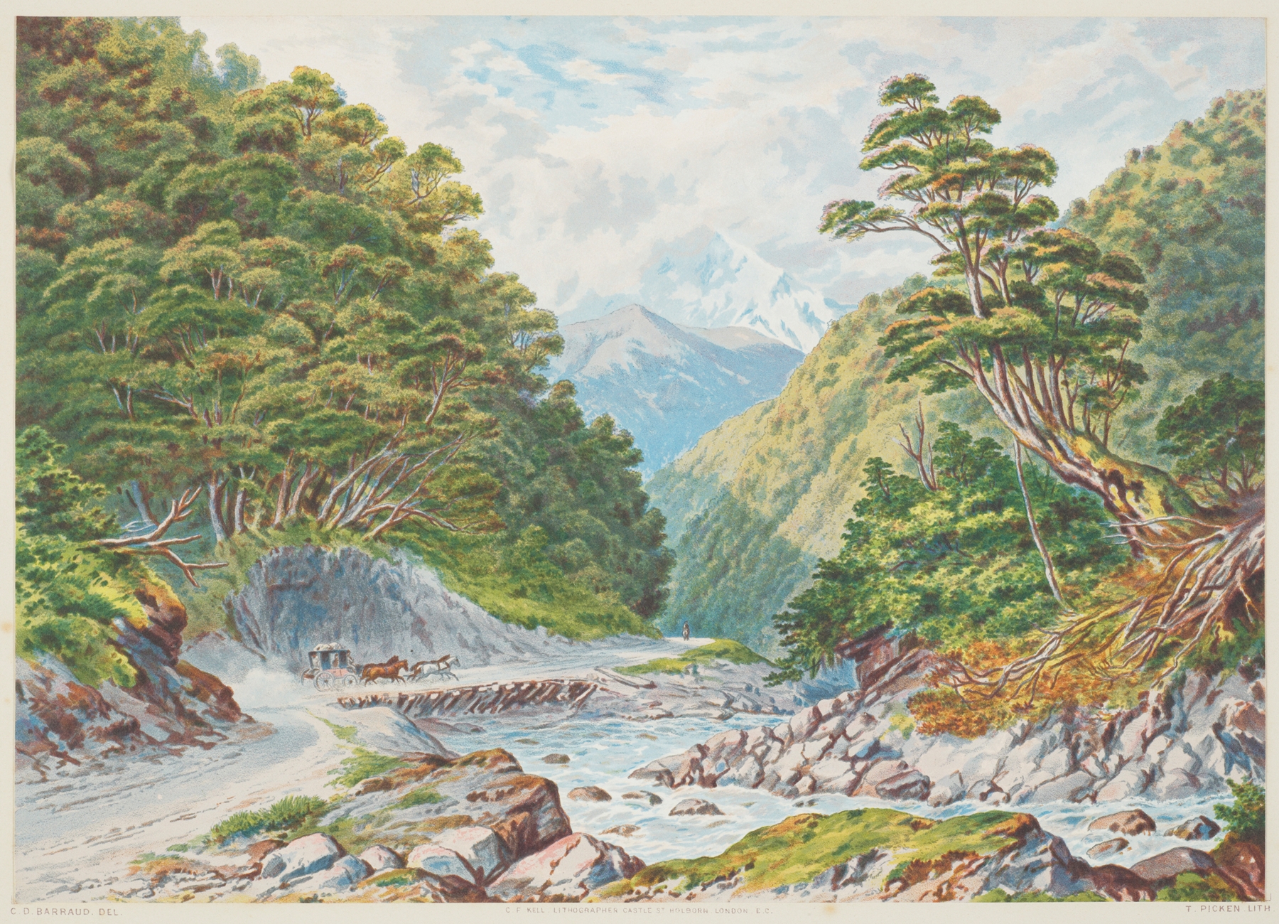 Otira Gorge landscape by Charles Decimus Barraud, 1877, depicting cliffs and river.
