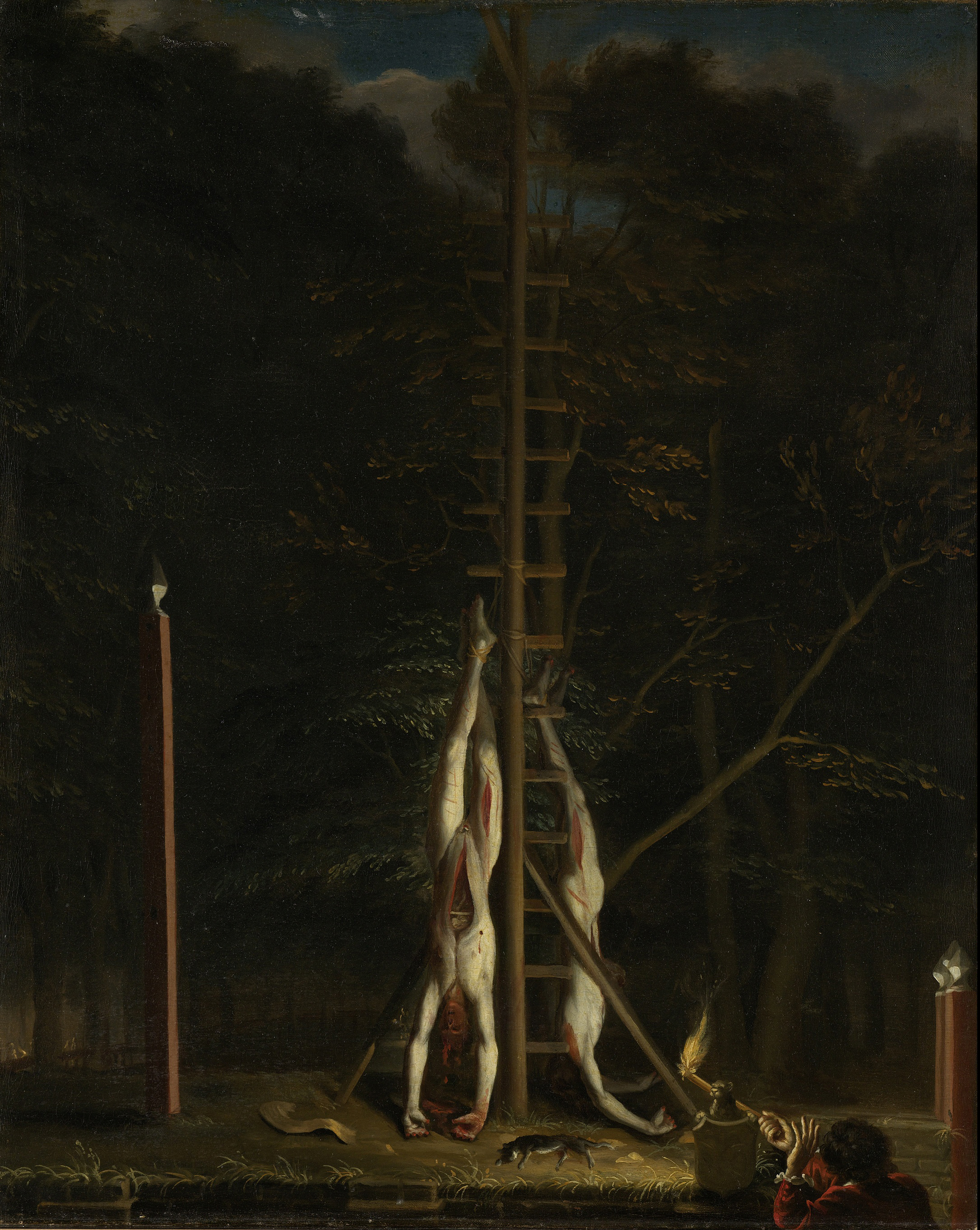 Nude, flayed corpses of Johan and Cornelis de Witt, oil on canvas by Jan de Baen