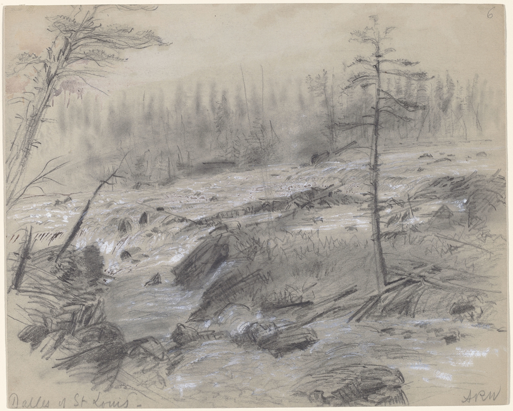 Landscape of The Dalles of St. Louis by Alfred Rudolph Waud, ink on paper