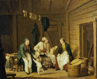 Genre scene of Swedish peasants in folk costumes, oil painting by Pehr Hilleström