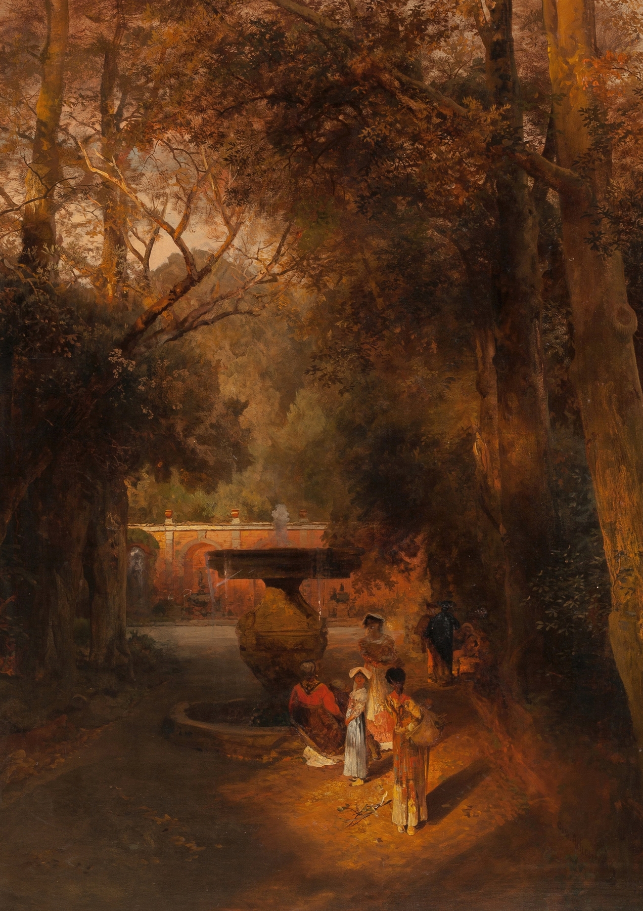 Landscape with garden and fountain by Oswald Achenbach, 1881, featuring sunlight and lush greenery.