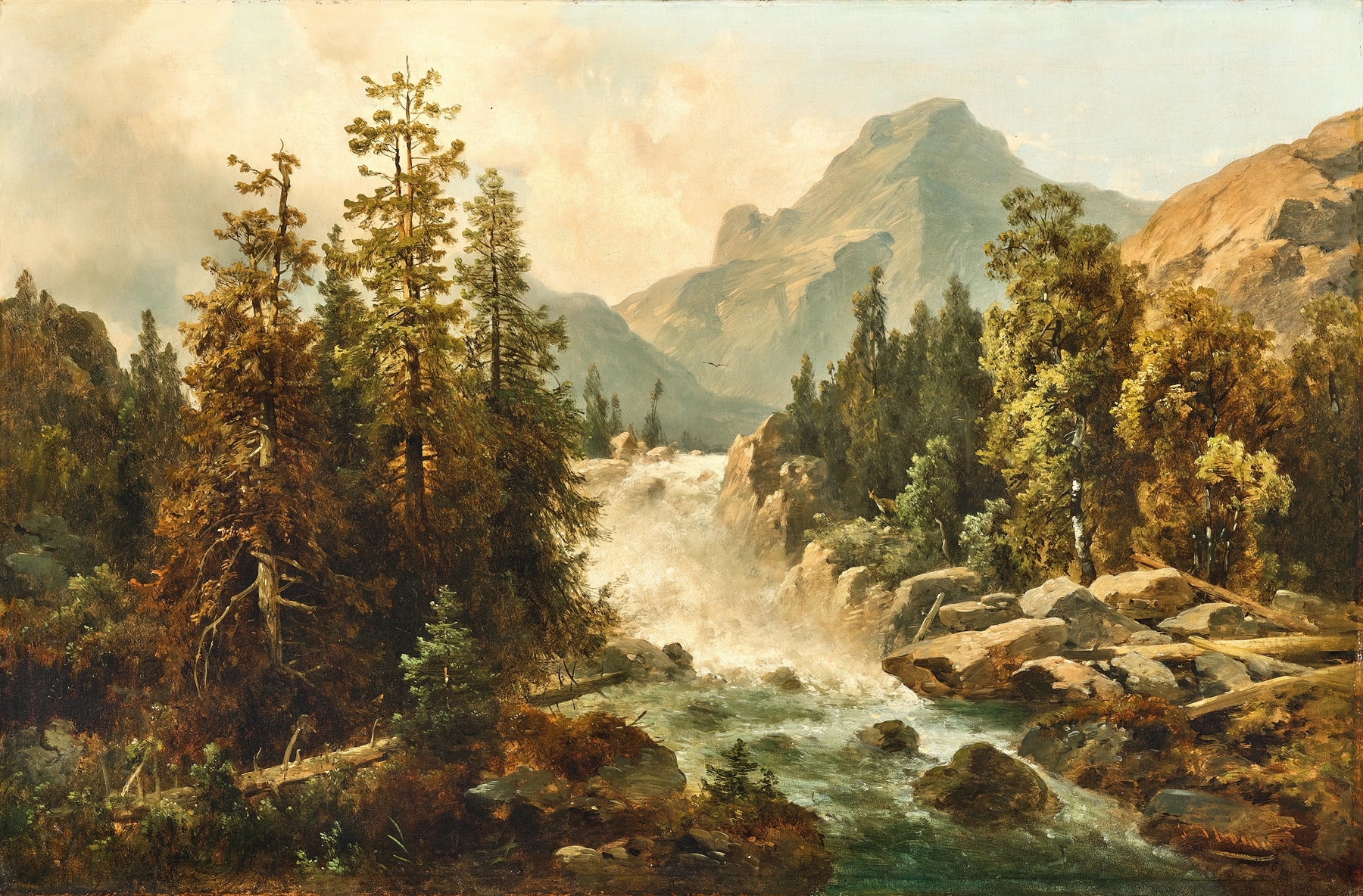 A mountain landscape with a rushing torrent, by Josef Thoma, public domain