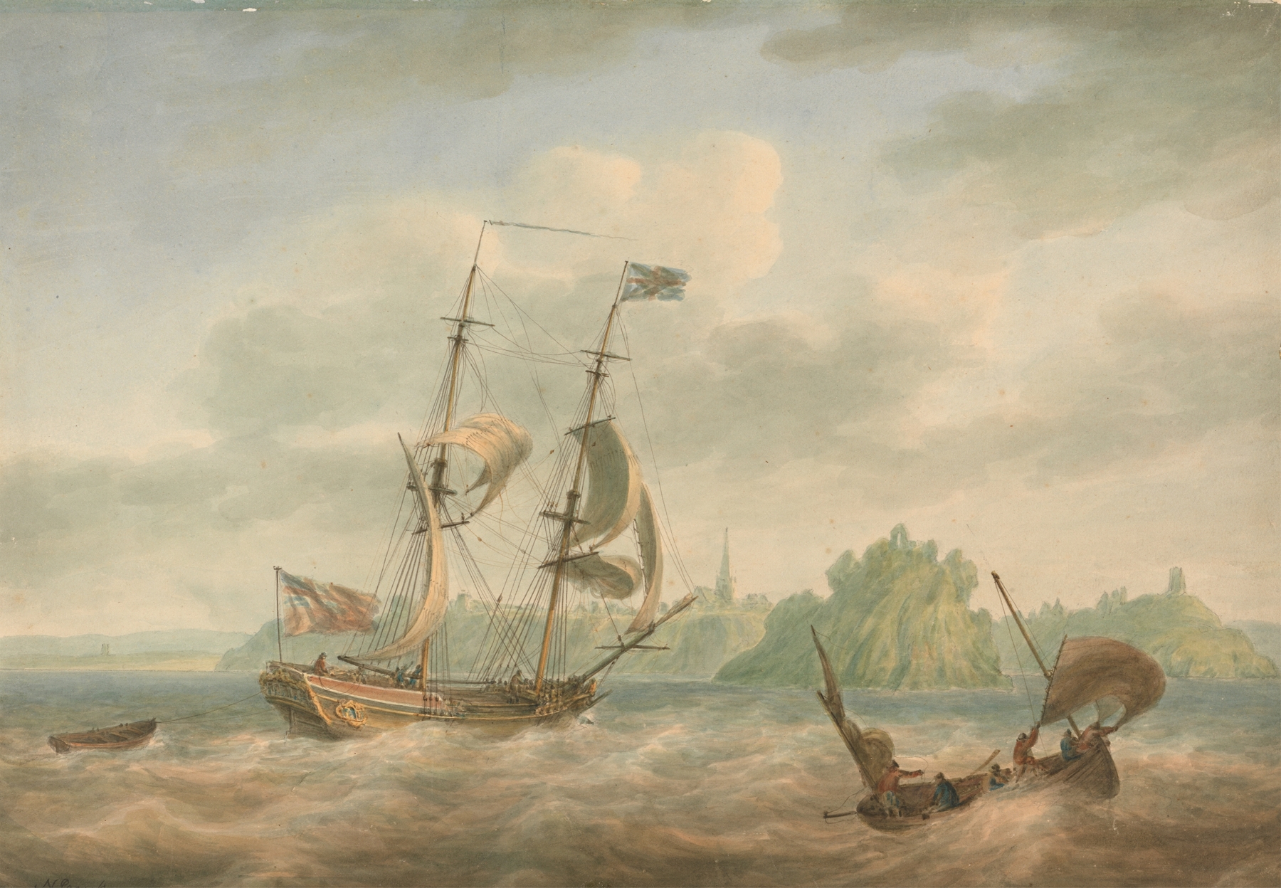 An Admiralty Yacht Running Inshore at Tenby, oil on canvas by Nicholas Pocock